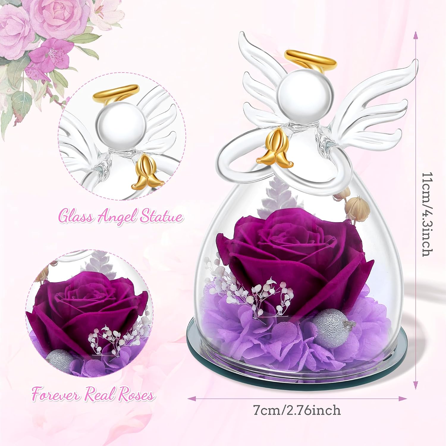 SITUMEIZI Mothers Day Mom Gifts for Mom,Birthday Gifts for Women Mom,Preserved Rose in Glass Angel Figurine,Angel Mothers Day Rose Gift for Mom Grandma,Purple Gifts Flowers Anniversary Mothers
