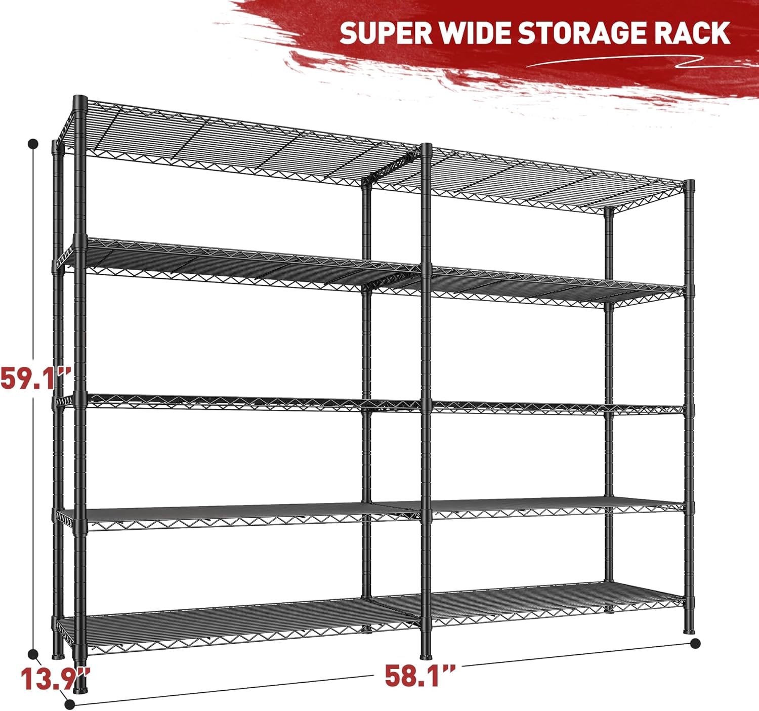 REIBII 1450LBS Shelves 5 Tier Metal Shelving Unit Storage Wire Shelving 58.1''W Pantry Shelves Wire Shelf Adjustable Garage Shelving Heavy Duty Storage Rack for Pantry Kitchen Garage, Black