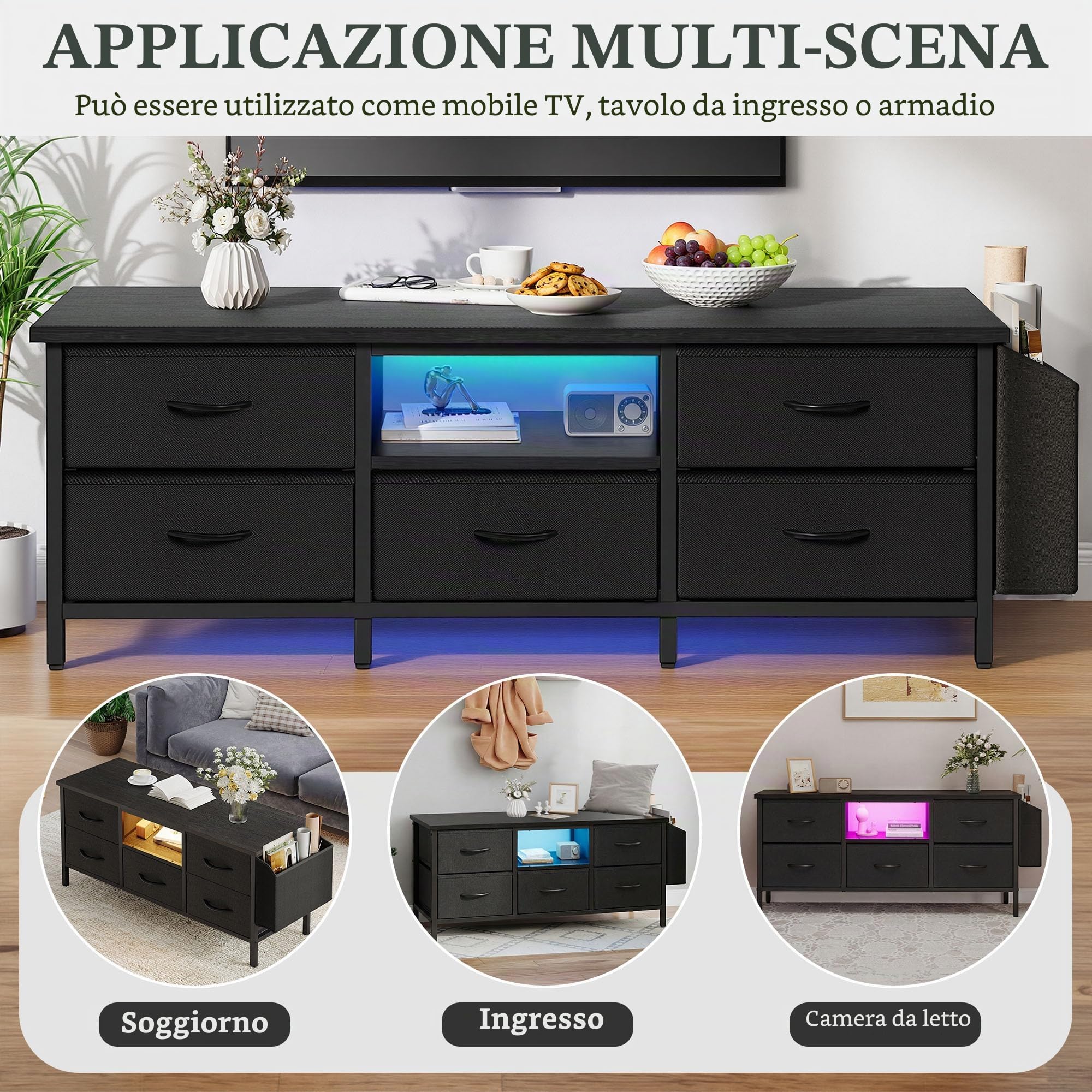 YITAHOME Mobile TV, mobile porta TV per soggiorno, con 5 cassetti pieghevoli e mensole, mobile TV con illuminazione a LED RGB con armadio, 145 x 35 x 50 cm, nero