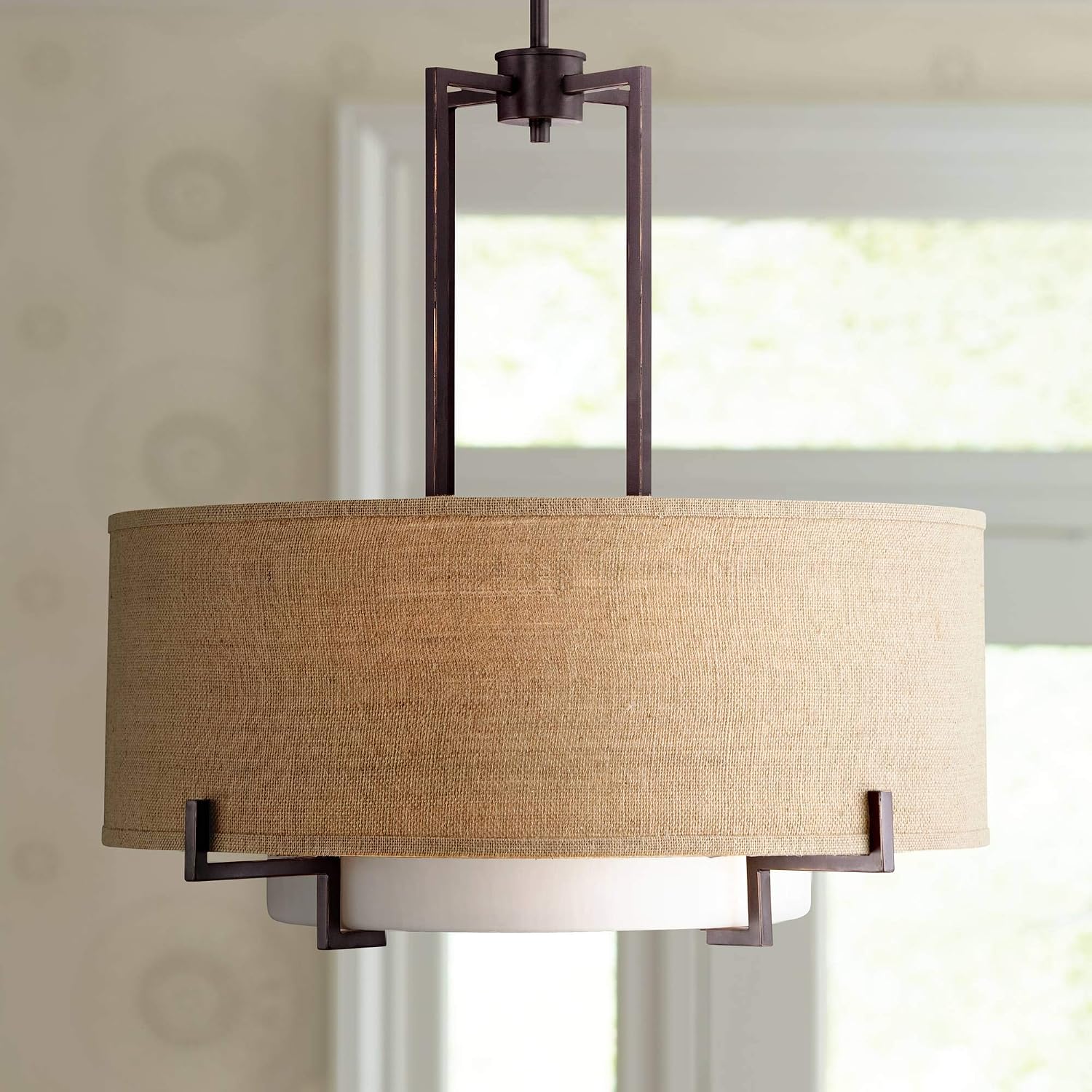 Possini Euro Design Concentric Bronze Pendant Chandelier Lighting 25" Wide Farmhouse Rustic White Glass Burlap Drum Shade 4-Light Fixture for Cottage Core Dining Room Living House Home Foyer Kitchen