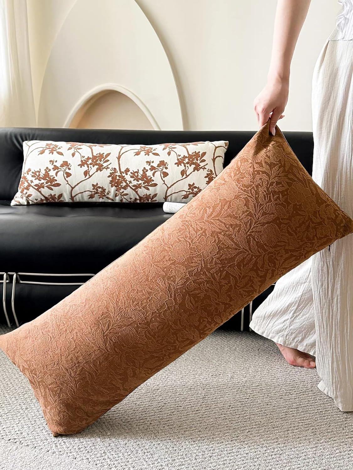 Brown Rose Chenille Long Lumbar Throw Pillow Cover 14x36 Inch, Boho Throw Pillow Cover, Fall Pillow Covers, Fall Decor for Bed Car Sofa Farmhouse Livingroom, 1 Pack