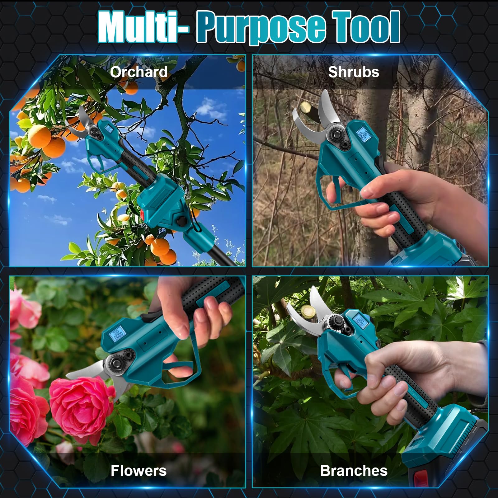 Sécateur Électrique Sans fil Compatible avec Makita 18 V, 30mm Secateur à batterie avec 2x2000mAh Batteries, LCD, Bürstenloser Motor, Ersatzklingen, pour branches, arbustes et troncs