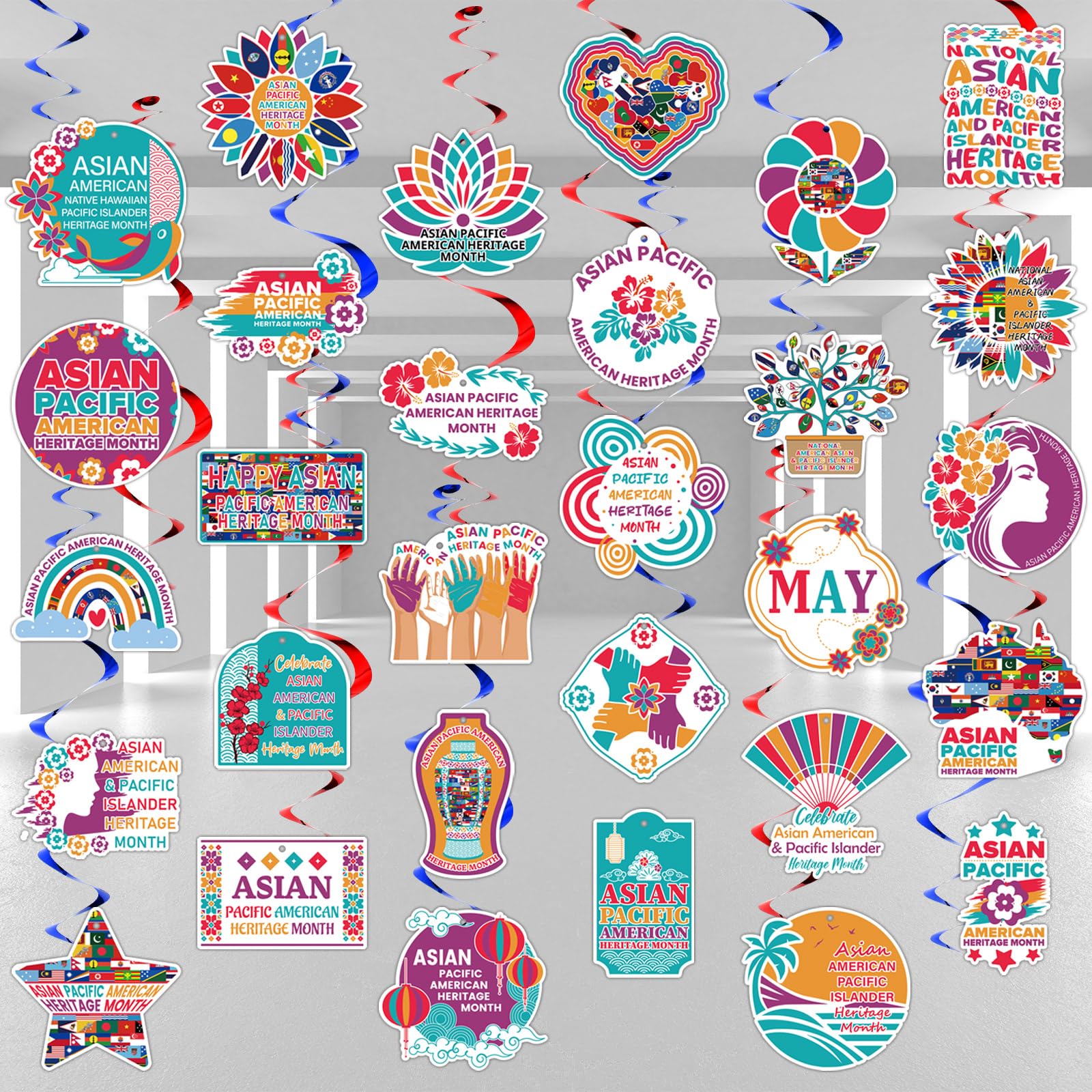 Kolldenn 30 Pcs Asian Pacific American Heritage Month Decorations Hanging Swirls Asian Pacific American Heritage Month Foil Ceiling Streams for Festival Party Supplies Home Office