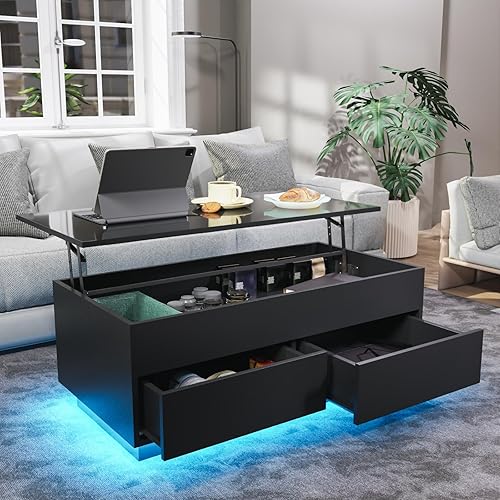 Miniatura 95 de HOMMPA Morden - Mesa de centro elevable de 40 pulgadas con almacenamiento, mesa de centro LED de alto brillo, mesa de té moderna de 3 niveles con