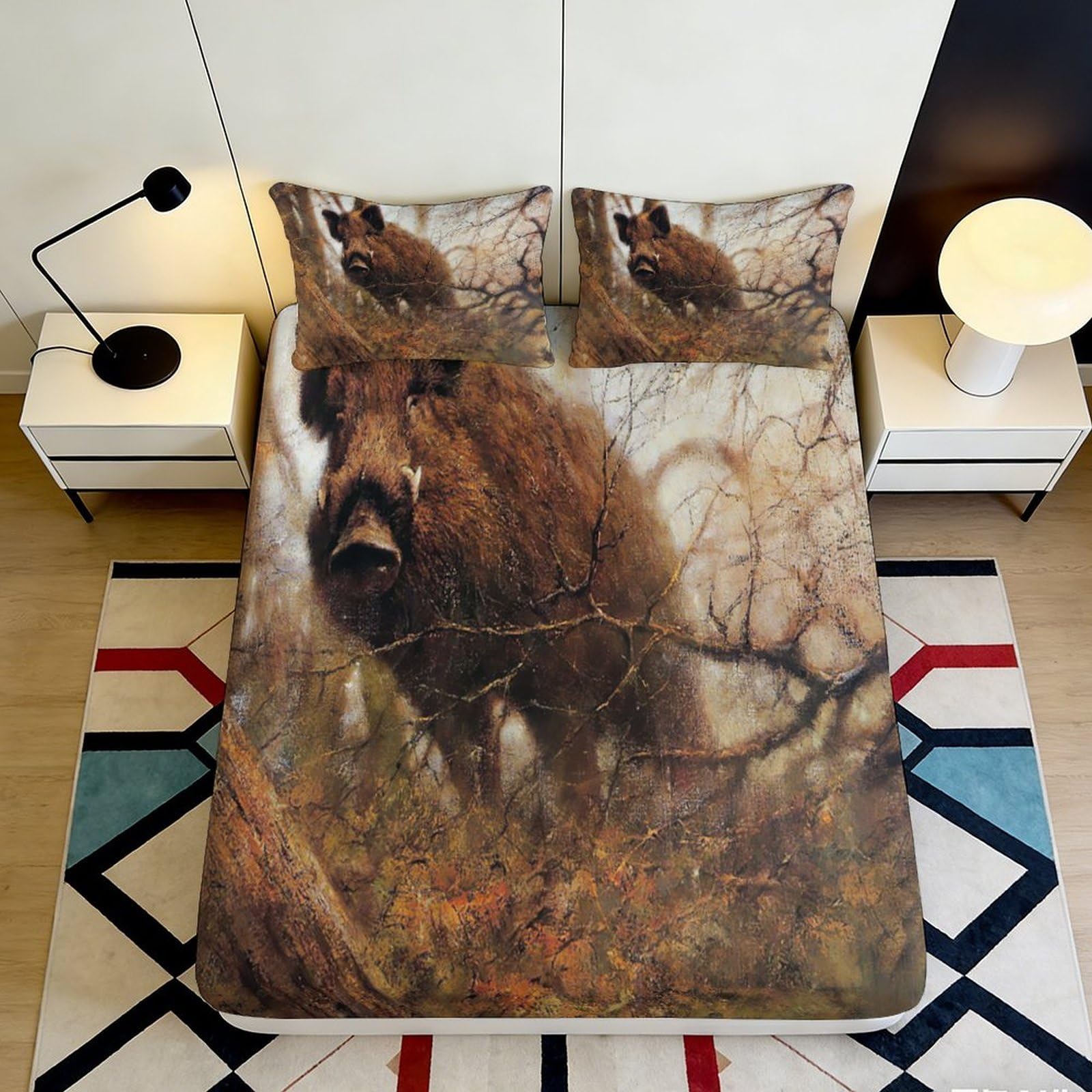 3D Printed Wild Boar Fitted Sheet Microfiber Durable Soft 3D Printed Forest Mattress Cover for Bedroom Dormitory Guest Room Mattress Protection 140x200x25cm