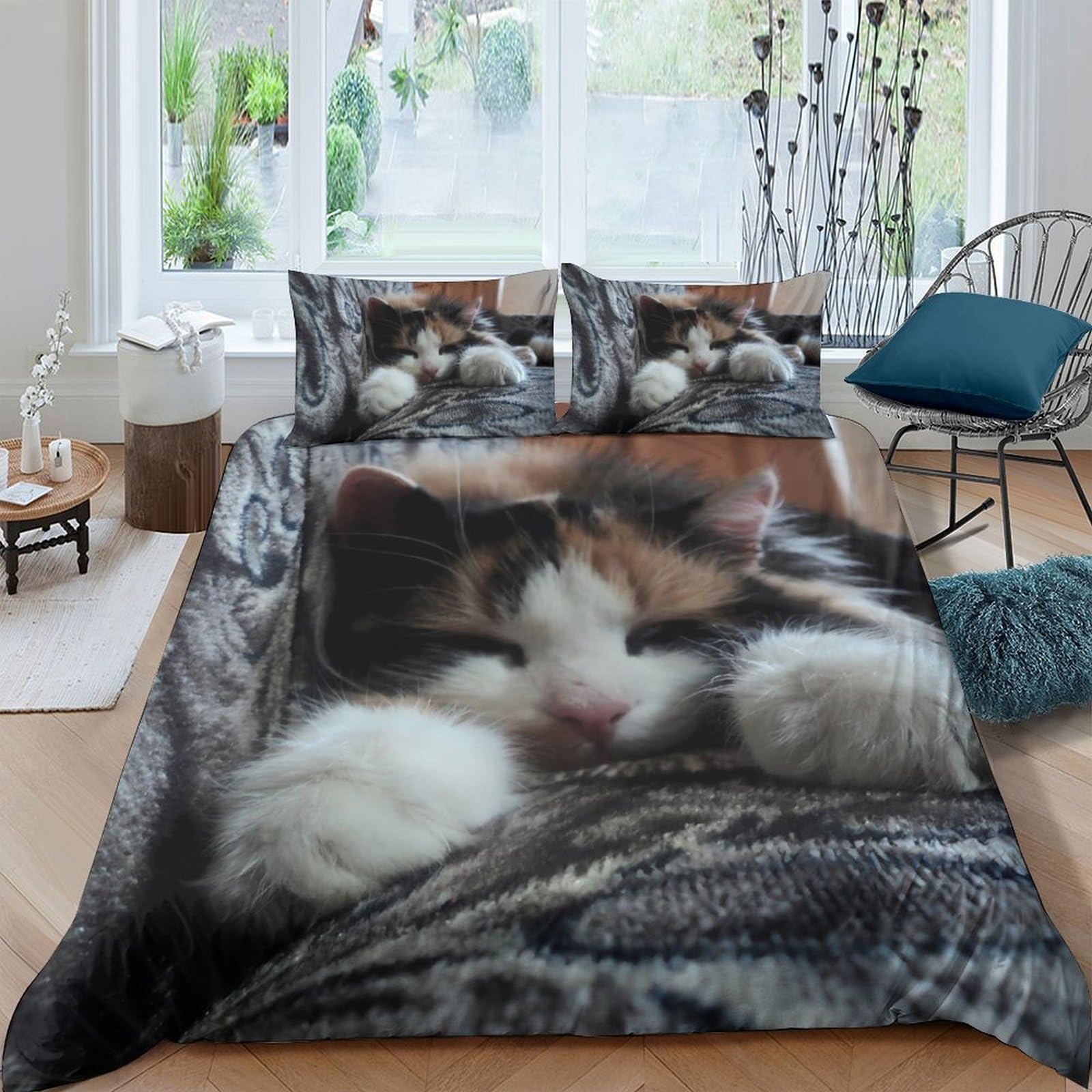 GPLZQXKJNH 3D Printed Sleeping Cat Duvet Cover Microfiber Soft Breathable Kitten Bedding Set with 2 Pillowcases for Bedroom Decor Single（135x200cm）