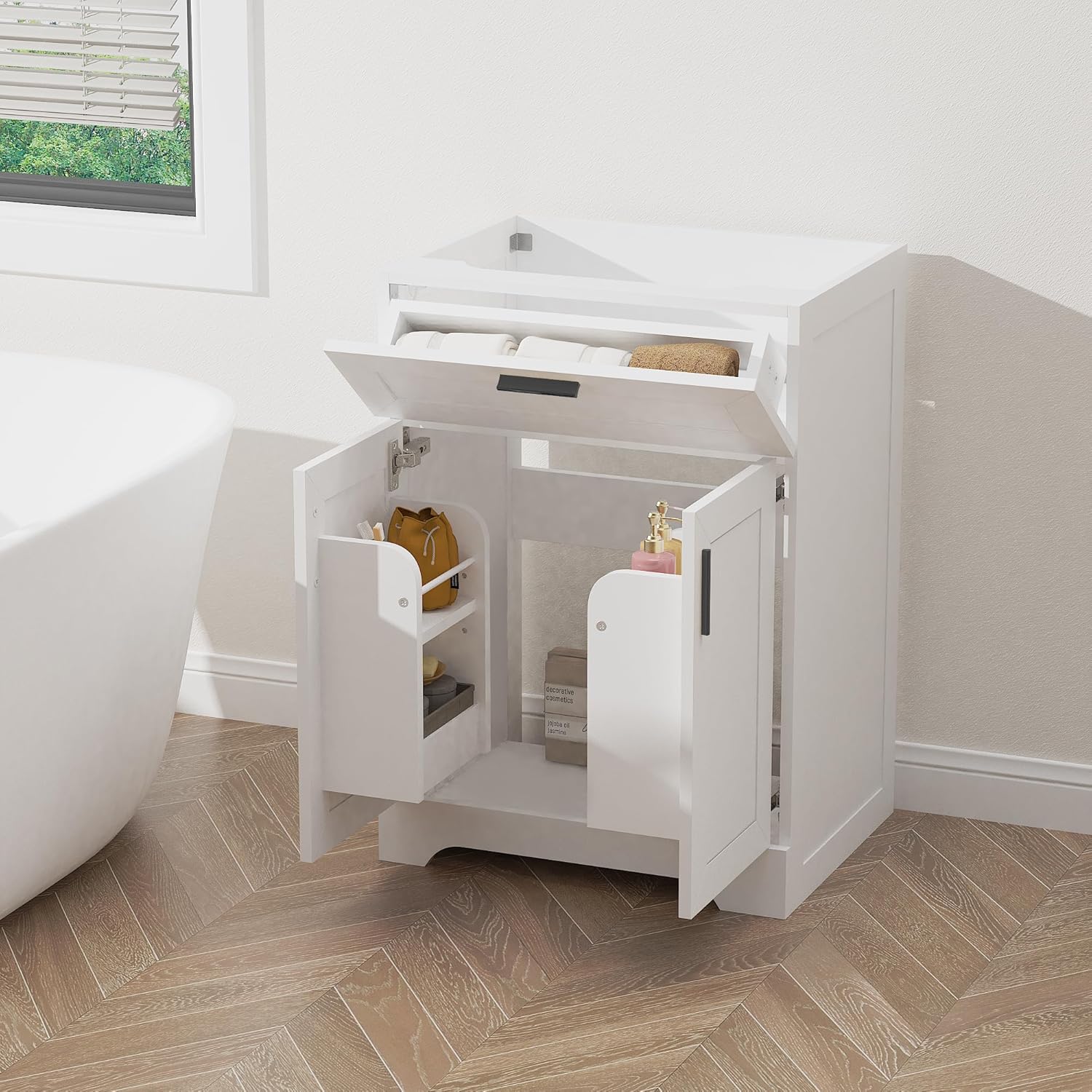24 inch Bathroom Vanity Without Sink, White, Wood Cabinet Set, Storage Cabinet with Doors and Drawers, Freestanding Vanity for Bathrooms, Painted Surface