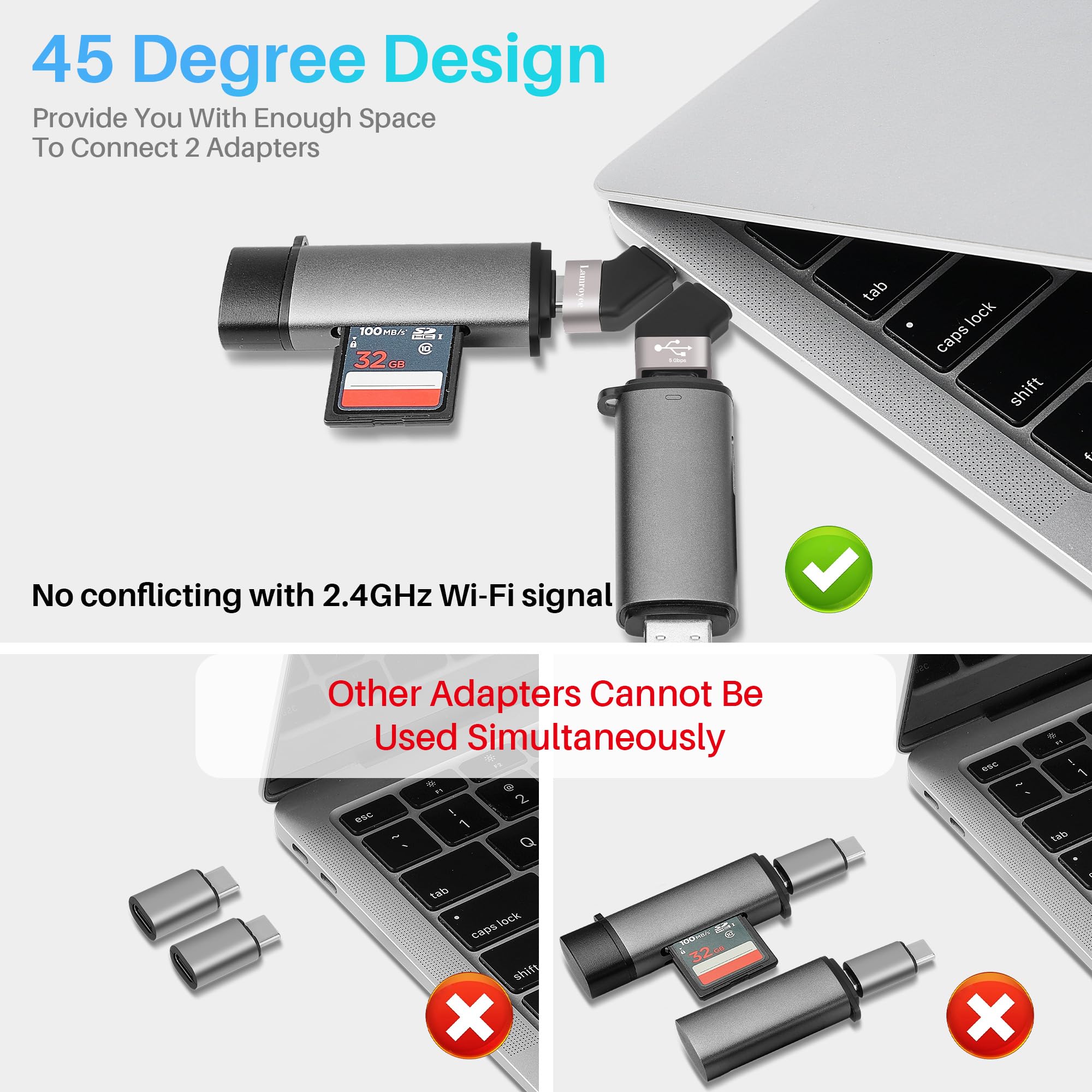 Adapter USB-C na USB 4-pak, [konstrukcja kątowa 45 stopni, zastosowanie obok siebie] 2 x USB C 3.1 męski na żeński i 2 x złącze USB C 3.1 męskie na USB A żeńskie złącze konwertera OTG obsługuje