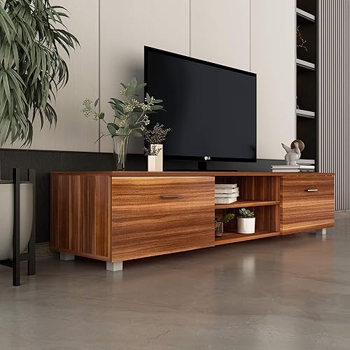 Miniatura 5 de Moderno soporte de TV con 2 armarios de almacenamiento y 2 estantes abiertos, centro de entretenimiento para TV de 65 pulgadas, mesa consola