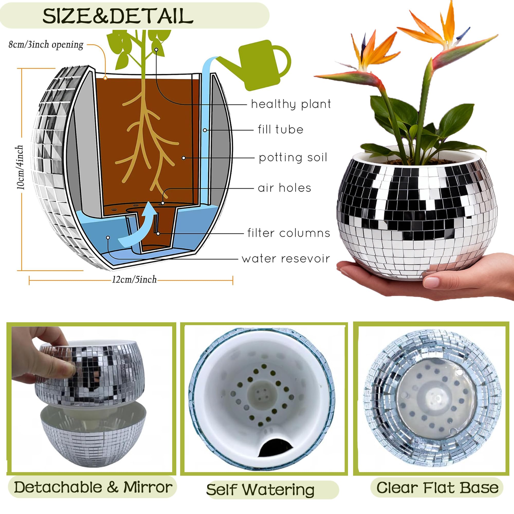 Miroir Boule Disco Cache-pot Jardinière,Paillettes Chrome Pots De Fleurs,Intérieur Extérieur Pots Décoratifs De Plante Pot De Succulent Brillant,Style