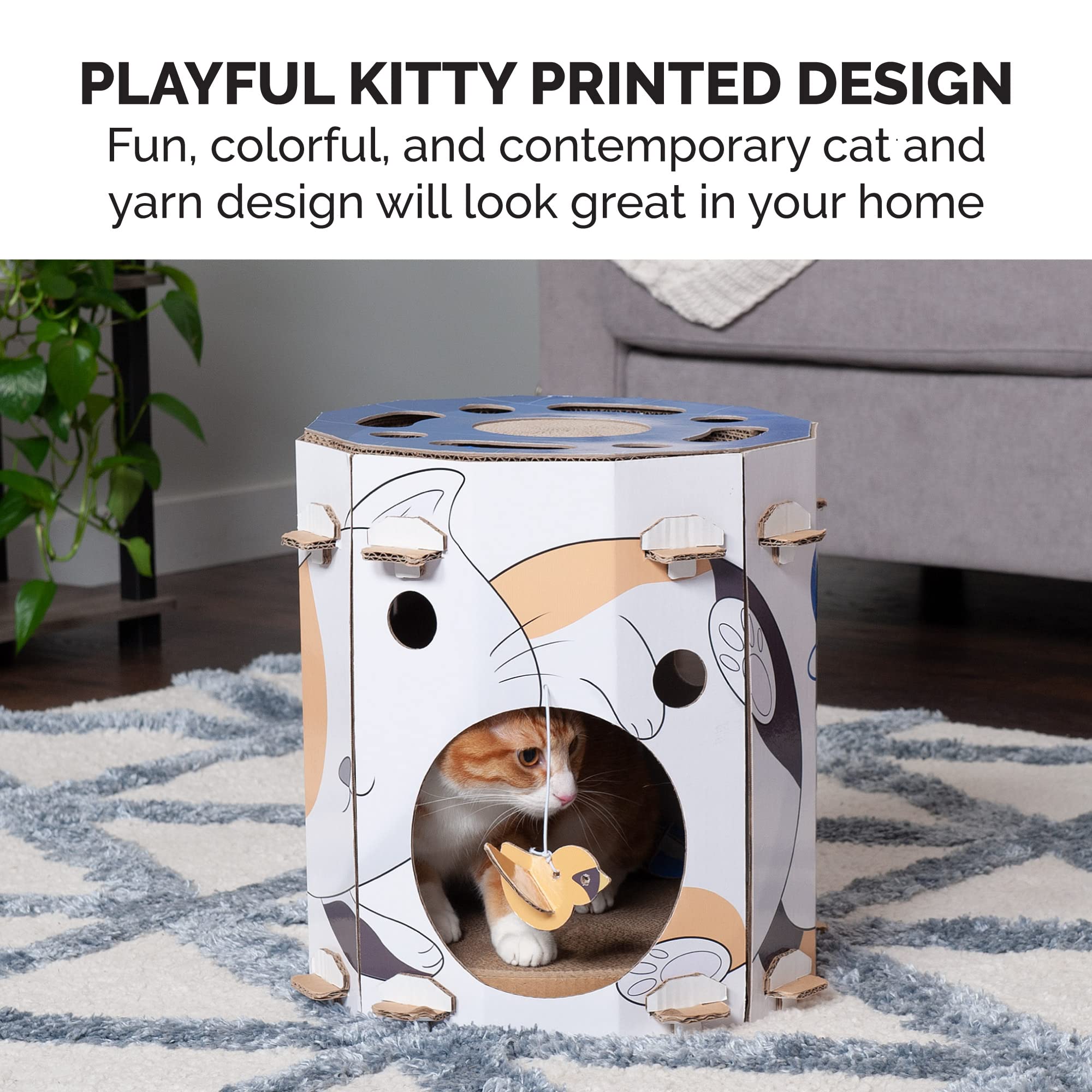 Furhaven Muebles para mascotas para gatos y gatitos - Tiger Tough Busy Kitty Hideaway Cat Scratcher Playhouse con caja de rompecabezas, juguetes y hierba gatera, impresión de gato, talla única