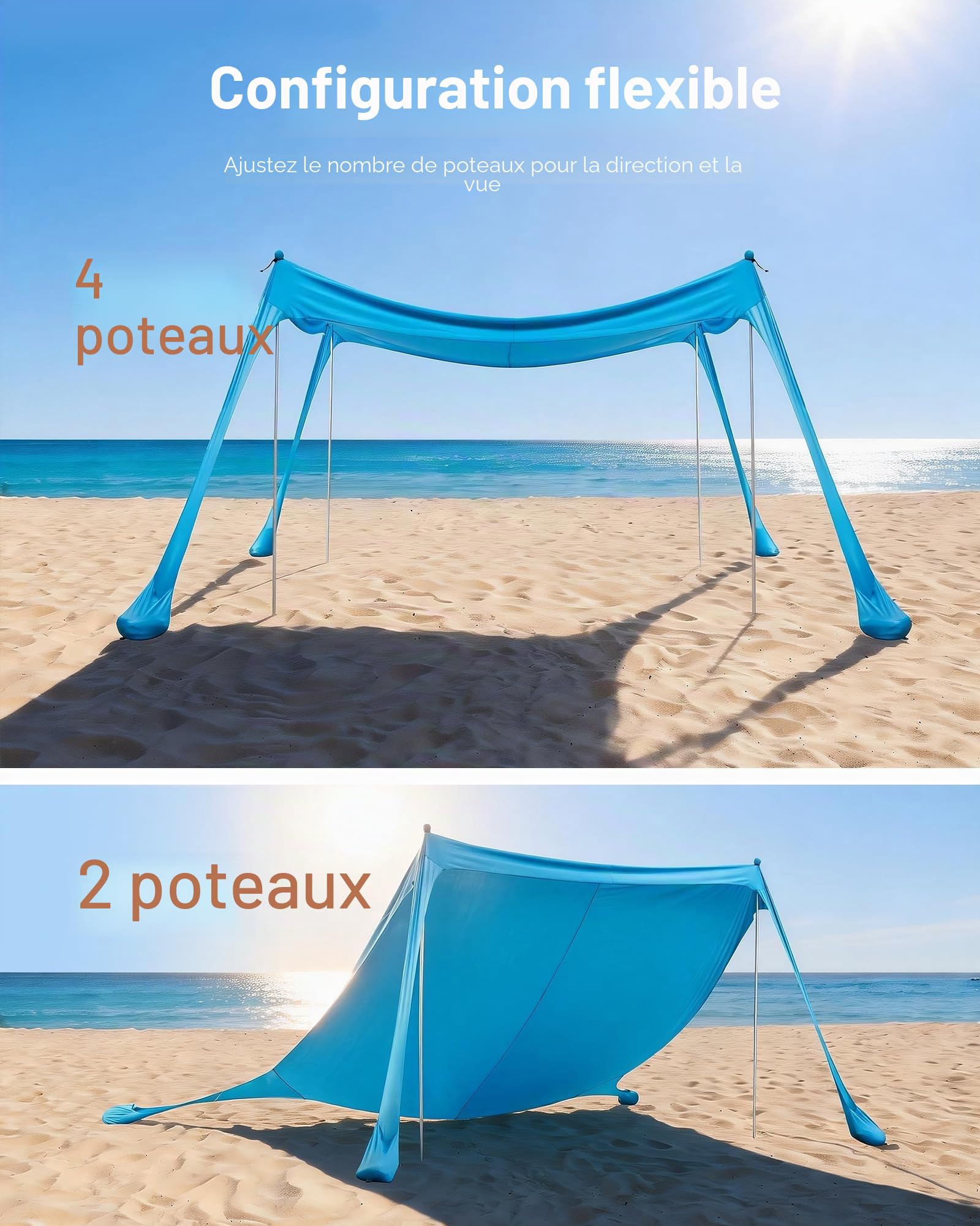 VEVOR Tente de Plage de 3x3x2 m, Abri Soleil UPF50+, Pare-Soleil Extérieur pour Plage Parc Camping et Pêche, Auvent de Protection UV avec 4 Sacs de Sable, Poteaux de Soutien et Pelles à Sable, Bleu