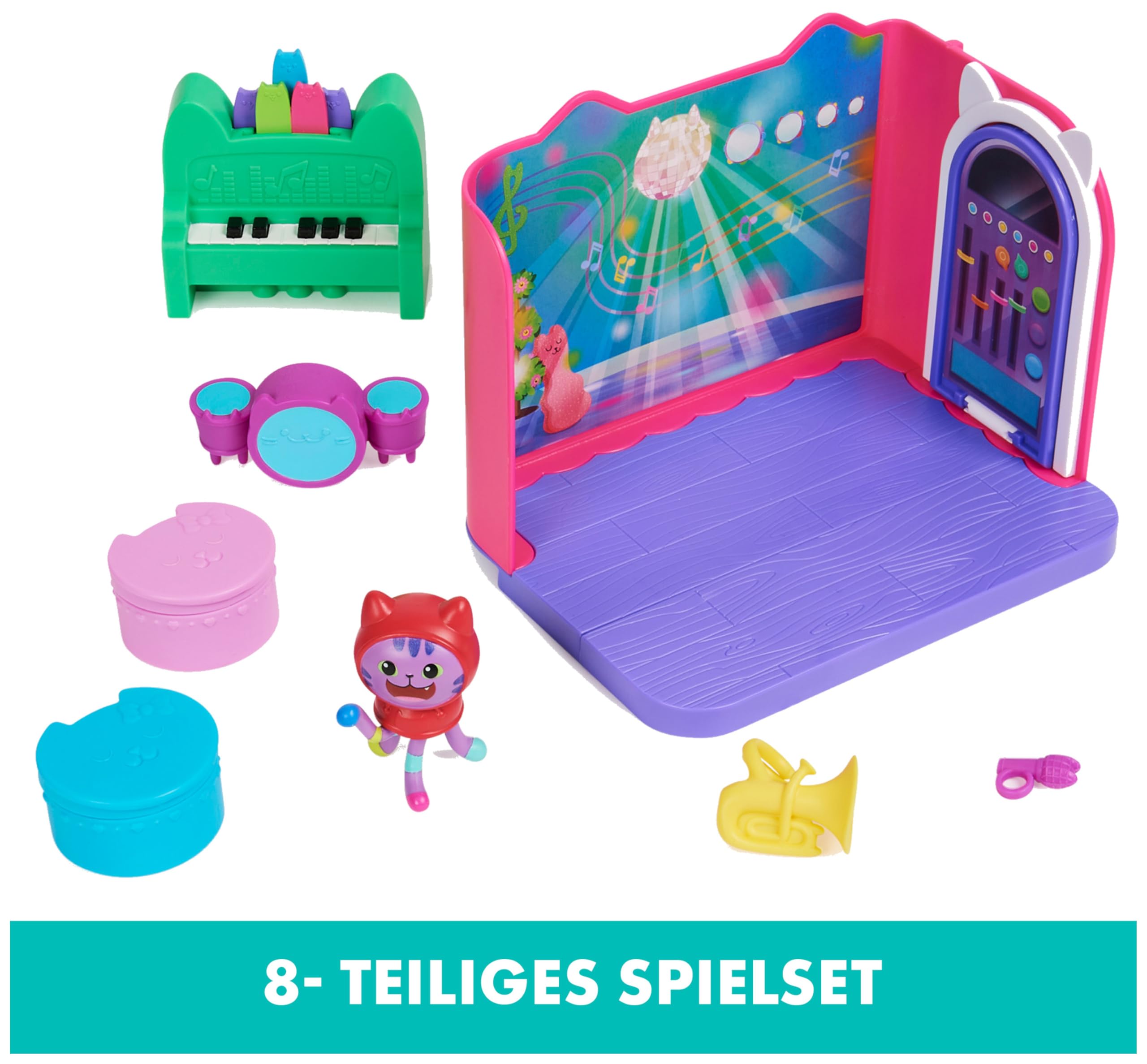 DREAMWORKS GABBY'S DOLLHOUSE - Deluxe Raum, Groovy Music Room, Musikzimmer mit DJ Katzenminze, 2 Möbelstücken und 2 Überraschungsboxen mit Zubehörteilen, ab 3 Jahren