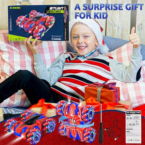 Miniatura 6 de Spider - Auto de control remoto para niños, autos RC recargables con luces frías, 2.4Ghz de doble cara Drift RC Stunt Cars, 360 giratorio 4WD
