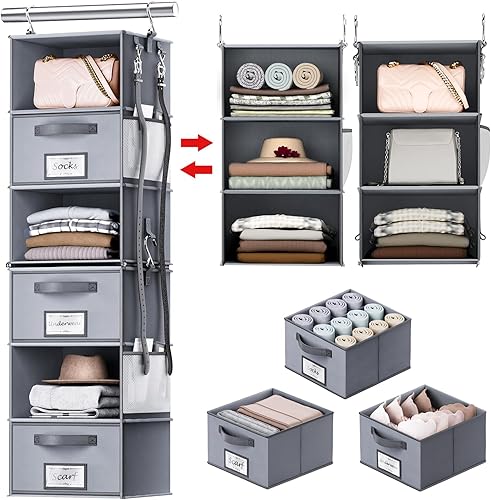 Uamector Organizador colgante para armario, 6 estantes, organización separable de armario y almacenamiento con cajones, bolsillos laterales y