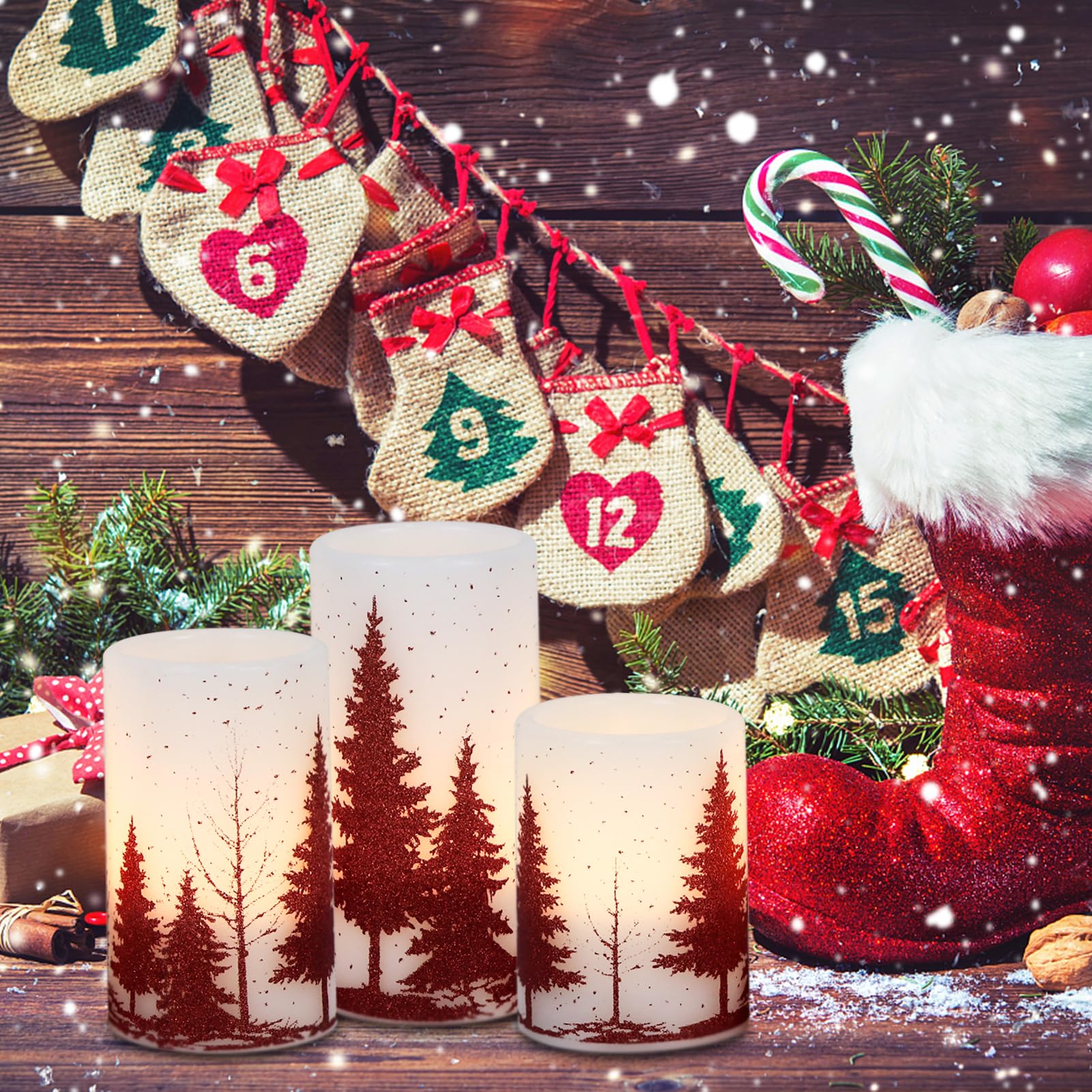 Candele tremolanti senza fiamma per albero di Natale, funzionamento a batteria, con timer 6H, confezione da 3 candele a colonna in vera cera con luce calda a LED, decorazione per cena,