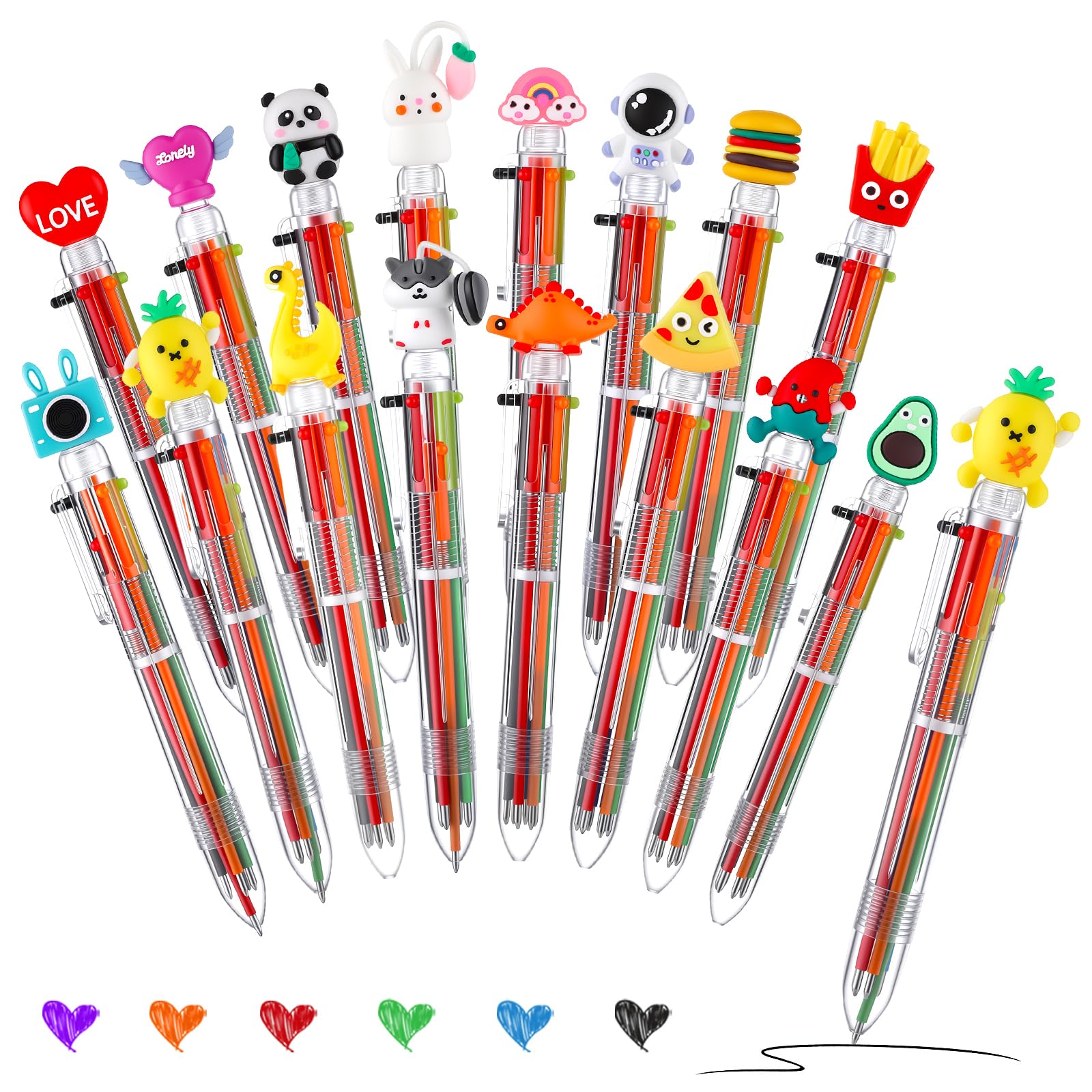 Yoosso 16 Pack 6-Colour Retractable Pens, 0.7mm, Assorted Cartoon Tops