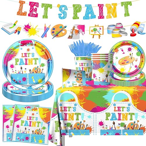 Paint Party Supplies, 142 Pcs Art Paint Party Tableware Set Include Paint Party Plates and Napkins,Art Tablecloths,Paint Banner,Cups,Art Birthday Party Decorations for Kid, Teens and Adults,Serves 20