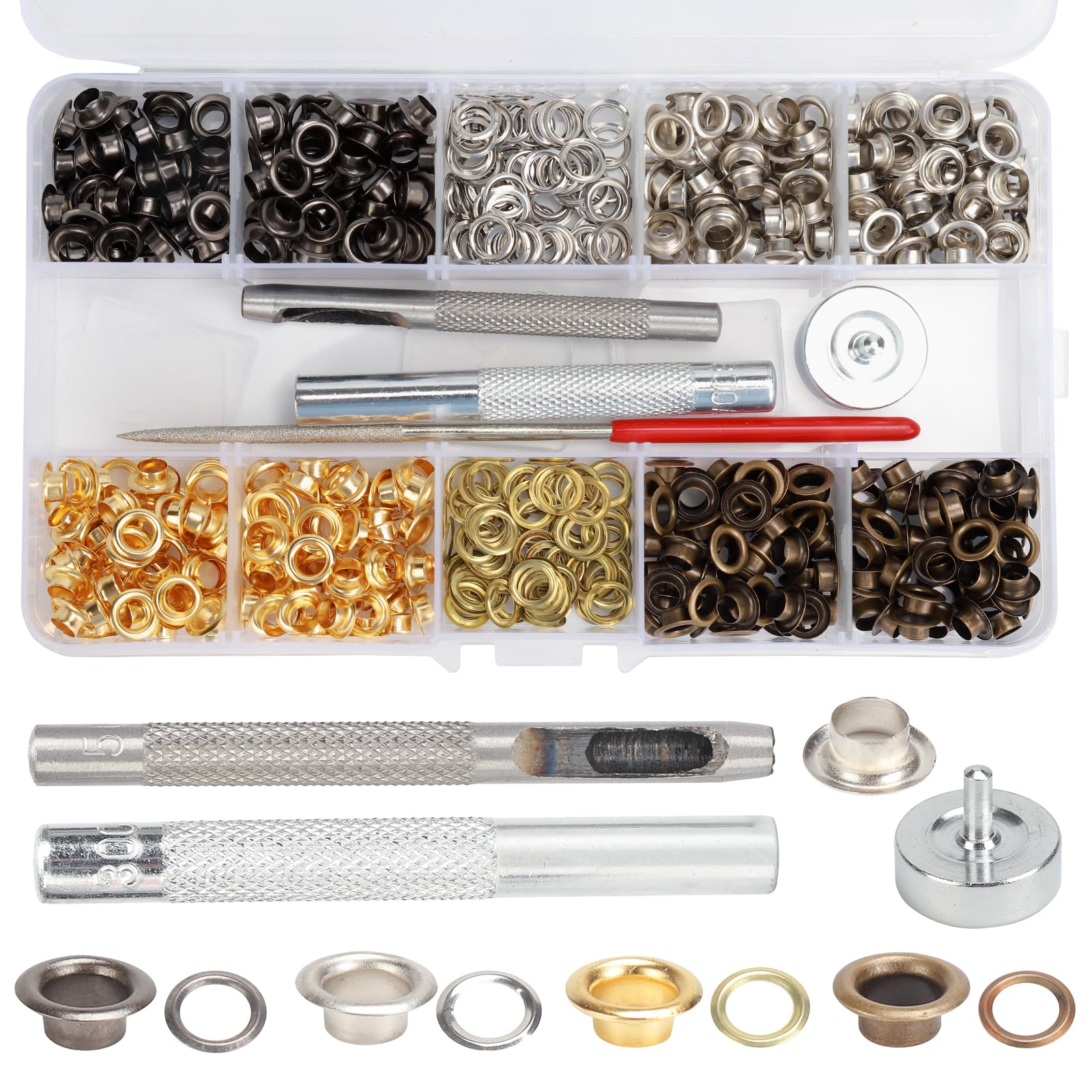 440 Pcs Eyelet Punch Kit, 5mm Eyelets Grommet Kit, Metal Eyelets,Grommet Tool Kit for Fabric Leather Shoes Book Binding Belt DIY Crafts Grommets(Gold, Bronze, Silver, Black)