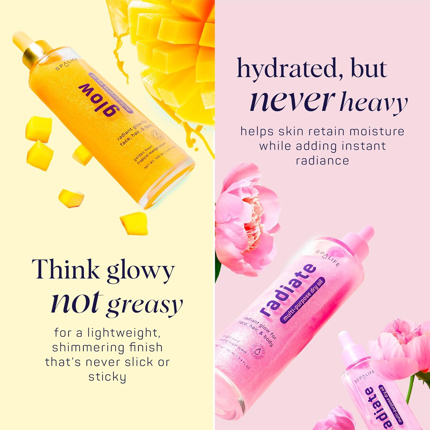 SpaLife Beauty Radiate & Glow Shimmer Oil Bundle – Dry Oil Duo with Subtle & Noticeable Shimmer – Mango & Peony Scents – Hydrating, Lightweight Moisture - Image 4