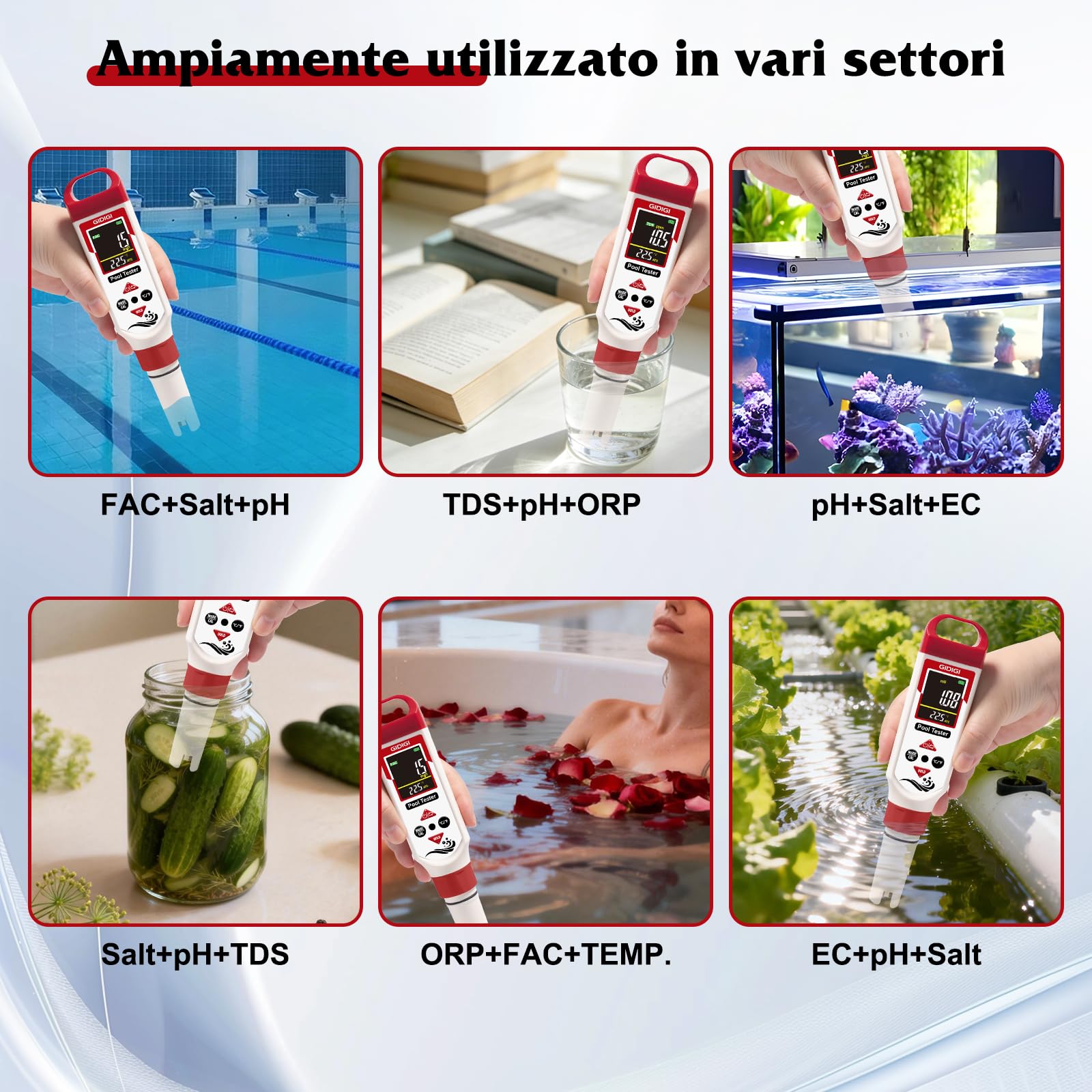 Misuratore di pH e cloro 7 in 1 per piscine,tester ORP salinità,test pH, CL,sale,ORP,EC,TDS e temperatura,per acquari,idroponica,acqua potabile e vasche idromassaggio,con liquidi calibrazione