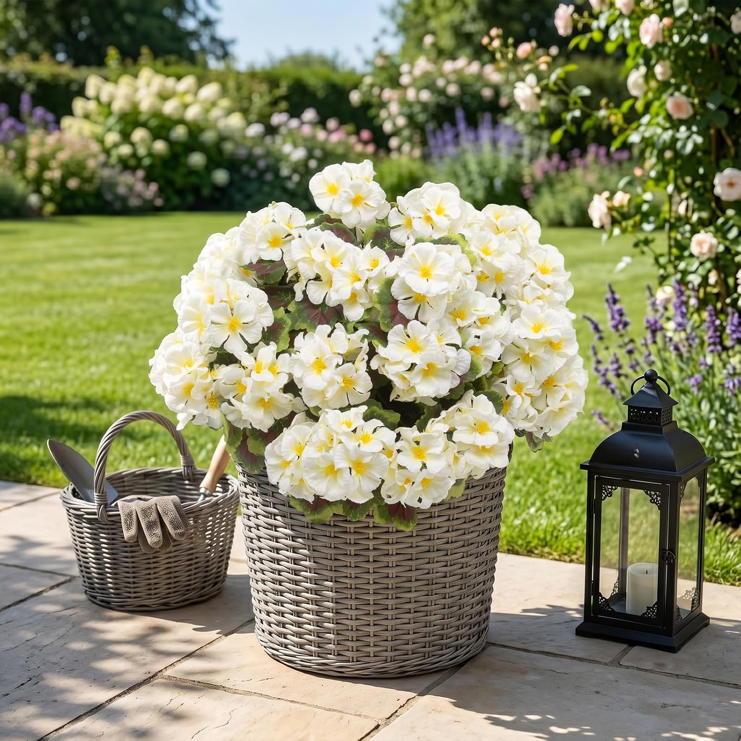 lovemoon 16 Pcs Artificial Geranium Plant with Realistic Silk Flowers and Green Leaves，Faux Geranium Flowers for Indoor Outdoor Home Garden Office Decoration (16, White) image 5