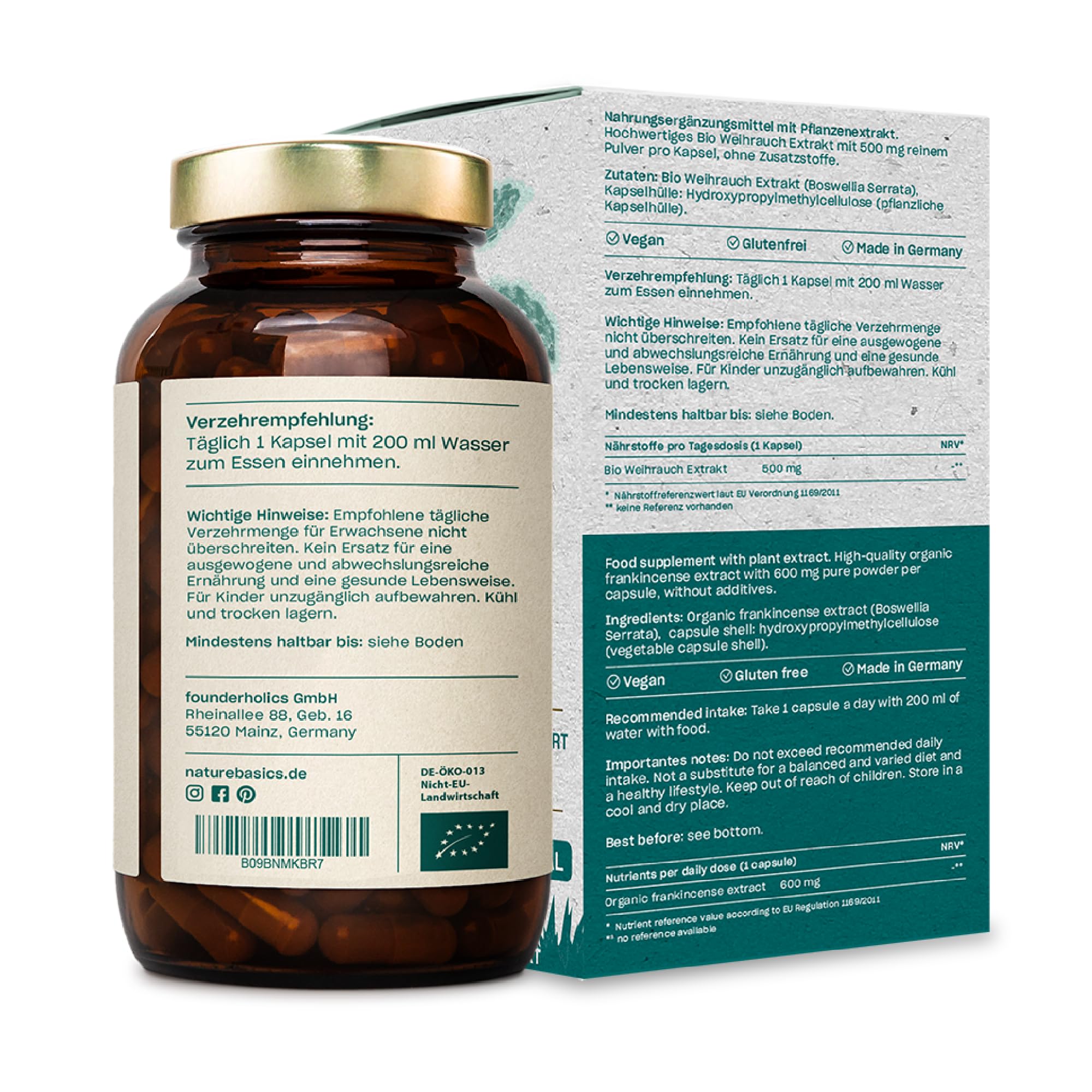 Bio-Weihrauchkapseln hochdosiert & zertifiziert nachhaltig im Glas / 65% Boswelliasäuren / 180 Kapseln mit je 500mg Bio-Boswellia Serrata/Ayurveda/reines & laborgeprüftes Bio-Weihrauch Extrakt