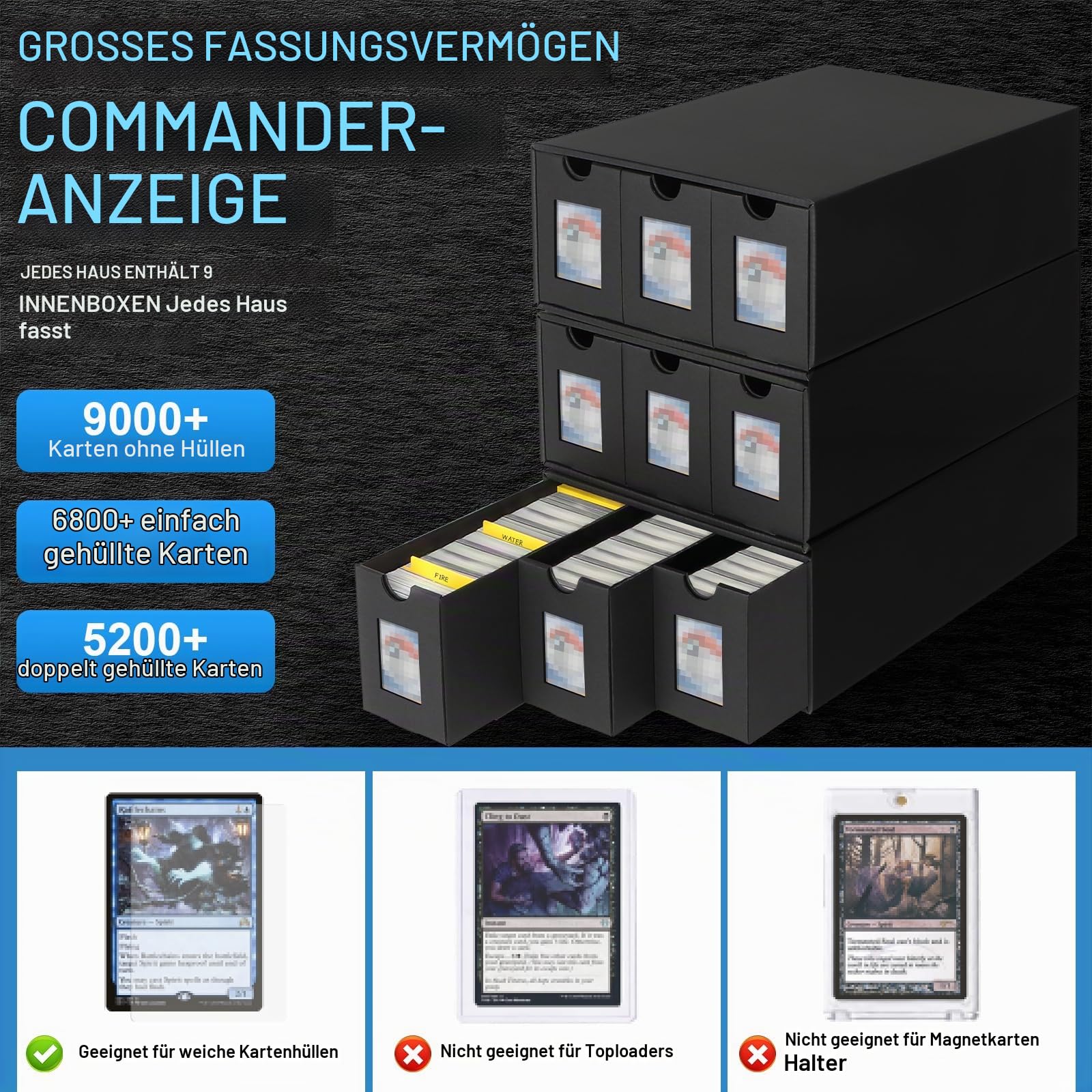 Sammelkarten-Aufbewahrungsbox für 9000+ Karten, MTG Deck Box für Commander Display, Trading Card Storage Box mit 48 Trennwänden, Etiketten & Tapes, für TCG, MTG, PTCG, Sports Karten