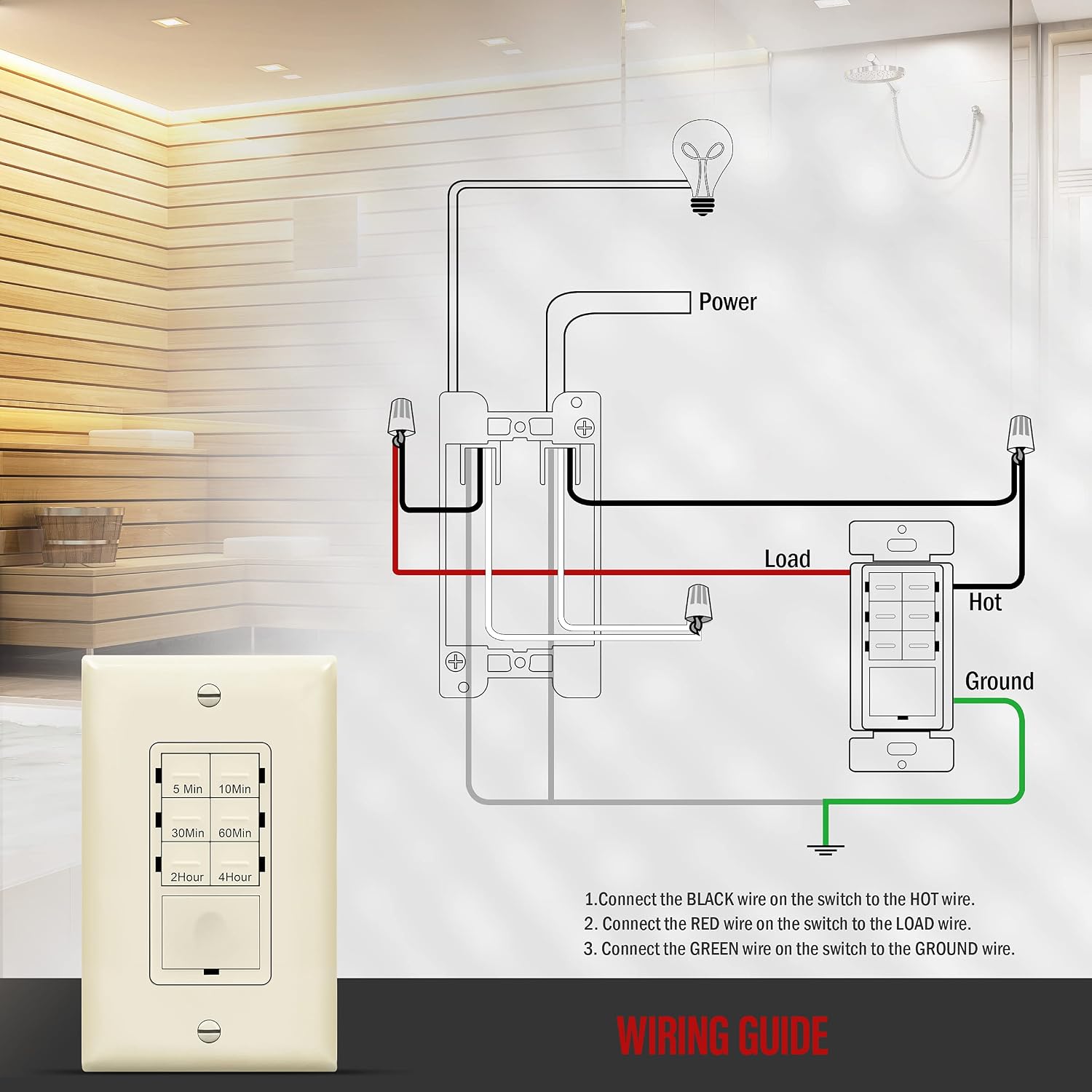 ENERLITES 4-Hour Countdown Timer Switch, 5-10-30-60 Min, 2-4 Hour, for Bathroom Fans, Heaters, Lights, LED Indicator, 120VAC 800W, No Neutral Wire Required, UL Listed, HET06-J-LA, Light Almond