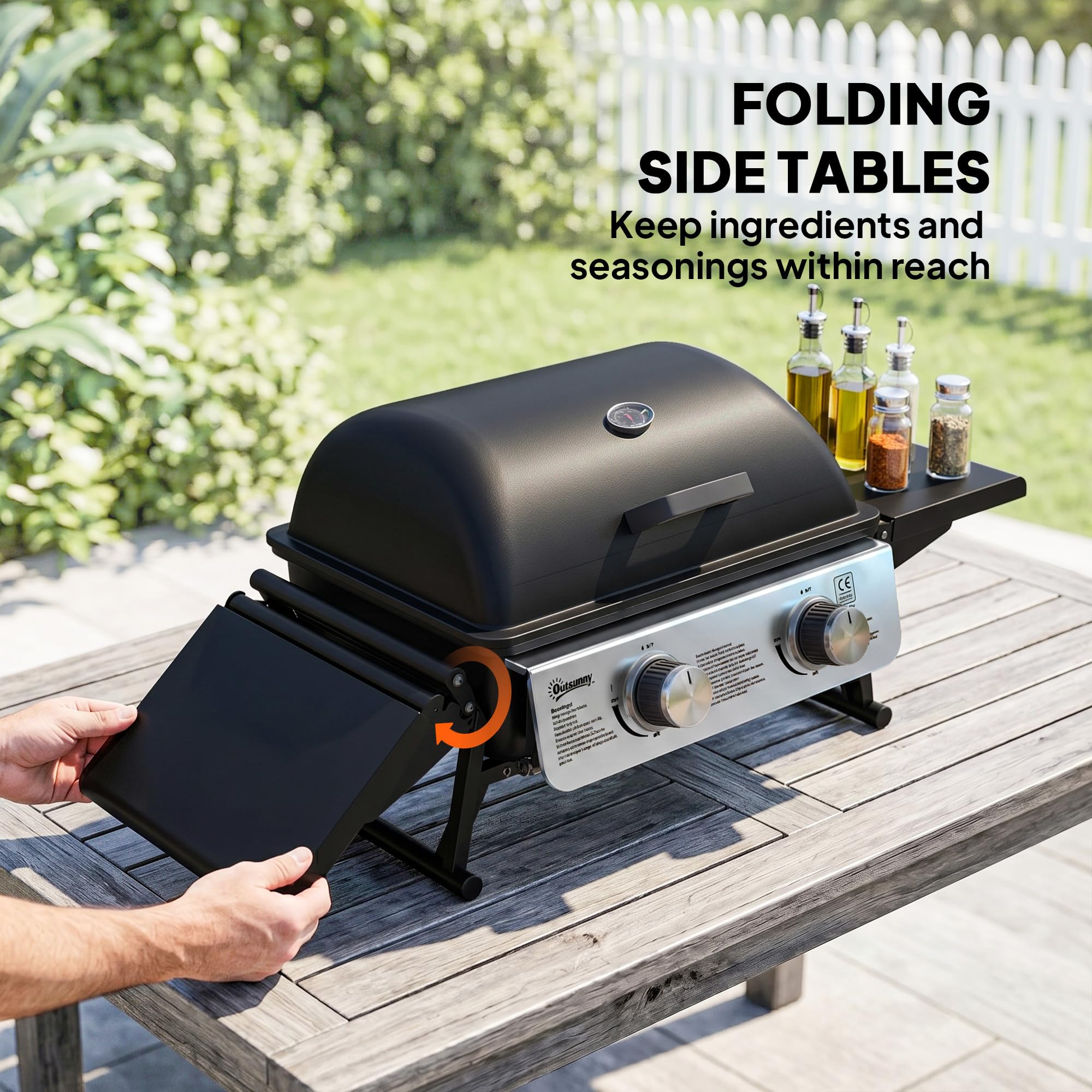 Outsunny Barbecue à gaz à 2 brûleurs avec tables latérales pliables, barbecue à gaz portable avec thermomètre intégré, couvercle, bac à graisse pour jardin, fête, camping, pique-nique, cuisine en