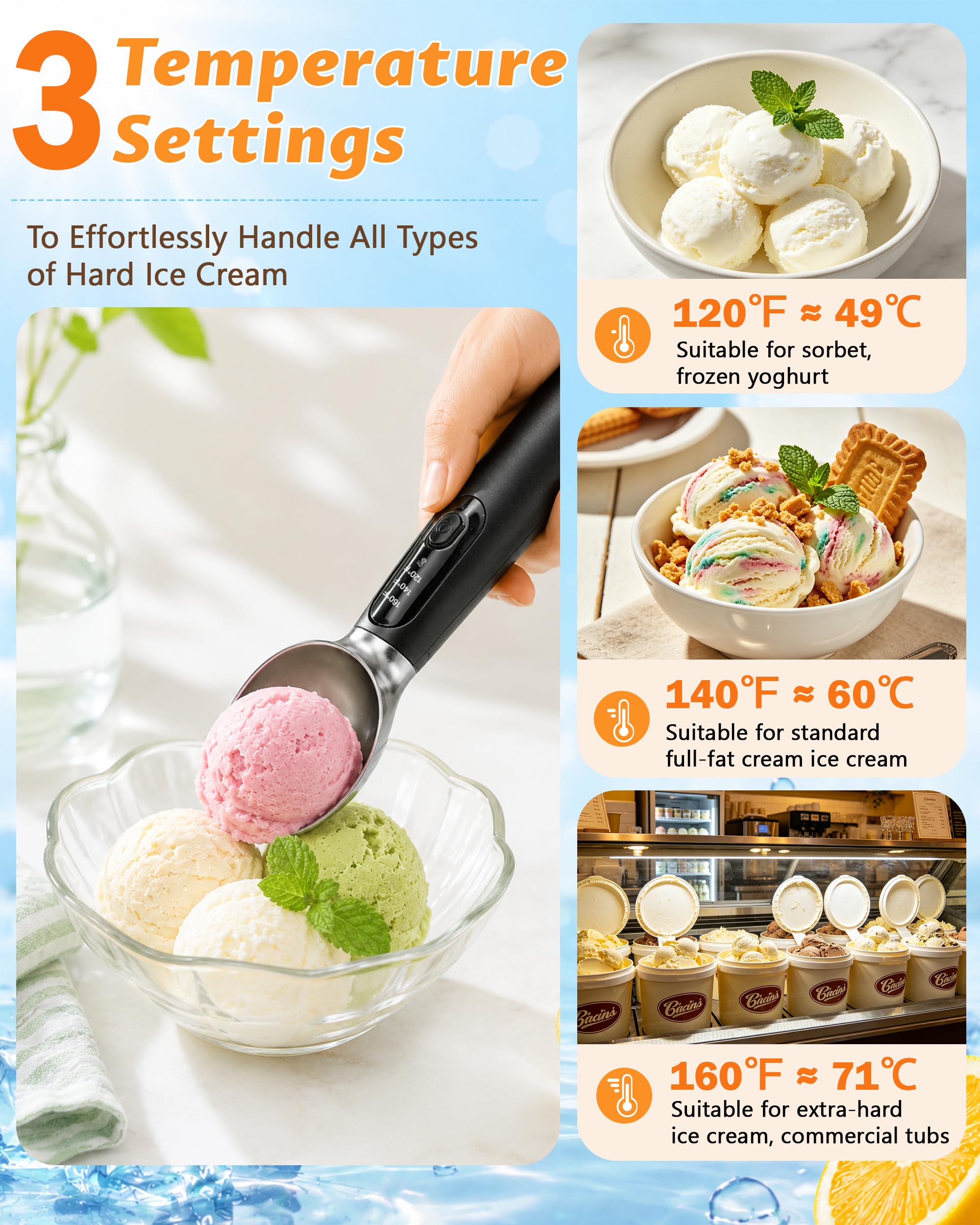 Cucchiaio Gelato Riscaldato, Paletta Gelato Riscaldante con 3 Livelli di Temperatura (49–71°C) e Supporto, Riscaldamento Rapido In 2-5 minuti, Gelato Perfetto Senza Attese, per Gelato Duro