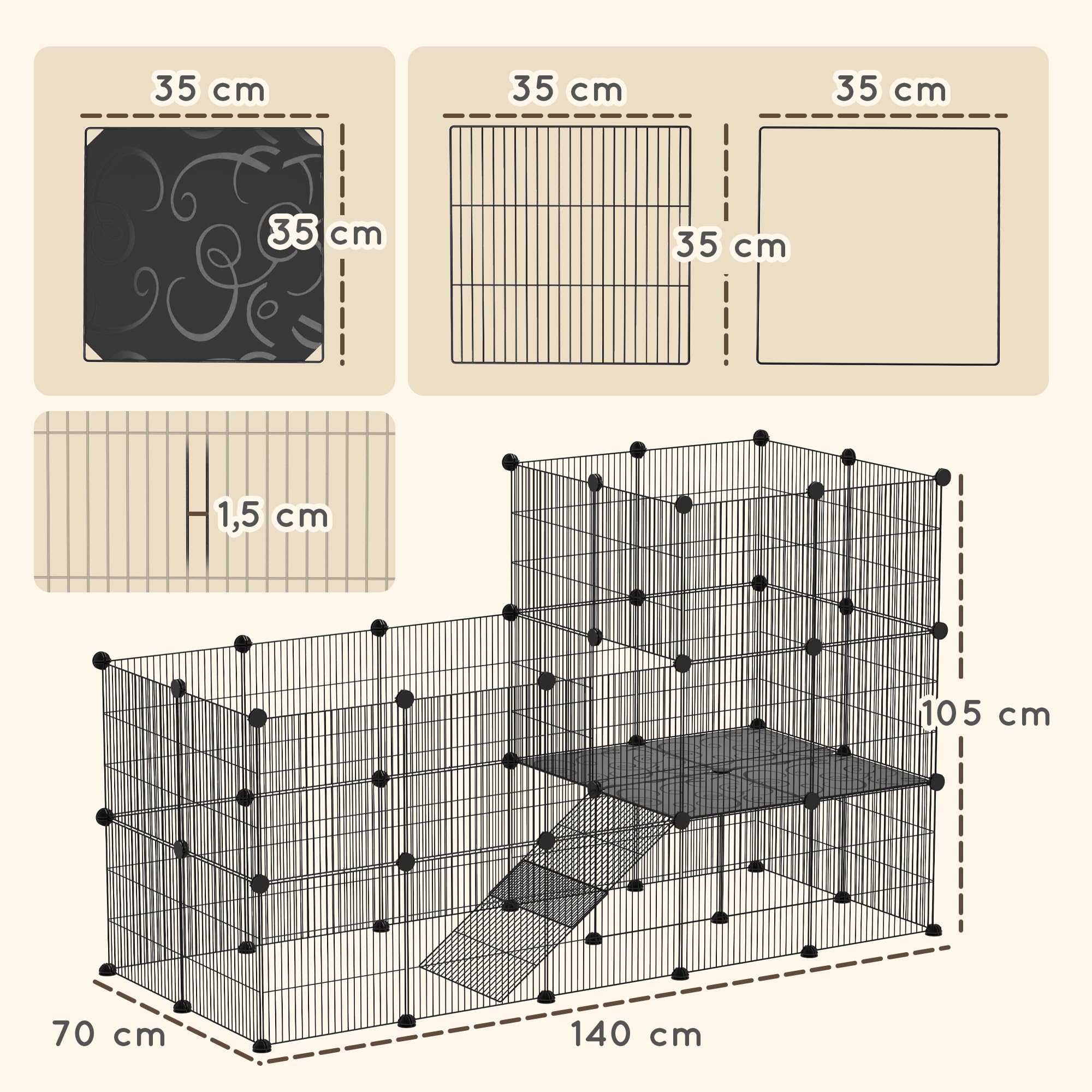 PawHut Enclos pour Petits Animaux, Cage à Lapin modulable 2 Niveaux, 39 Panneaux avec Rampe, Parc clôture pour Animaux domestiques intérieur pour cochons d'Inde, Lapins, hérissons, en Acier, Noir
