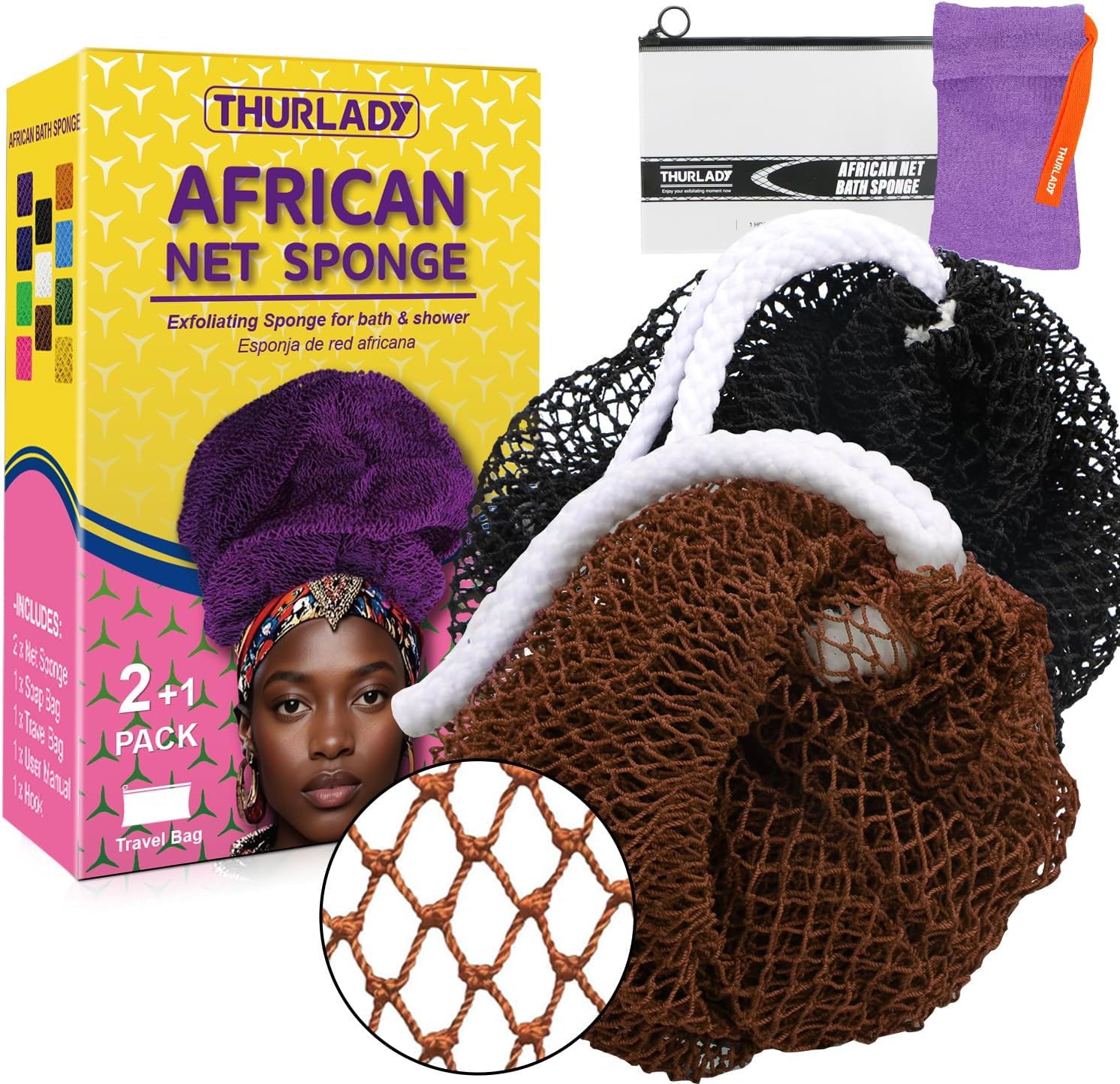 THURLADY アフリカンネットスポンジ 本格的 アフリカの角質除去ボディバックスクラバー シャワー用 優しい角質除去用ウォッシュ