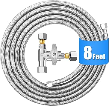 Refrigerator Water Line Kit - 8FT Stainless Steel Braided Ice Maker Water Line with Tee Stop Valve,Foodgrade PEX Inner Hose Fridge Water Line with 1/4" Comp Fitting and Tee Valve