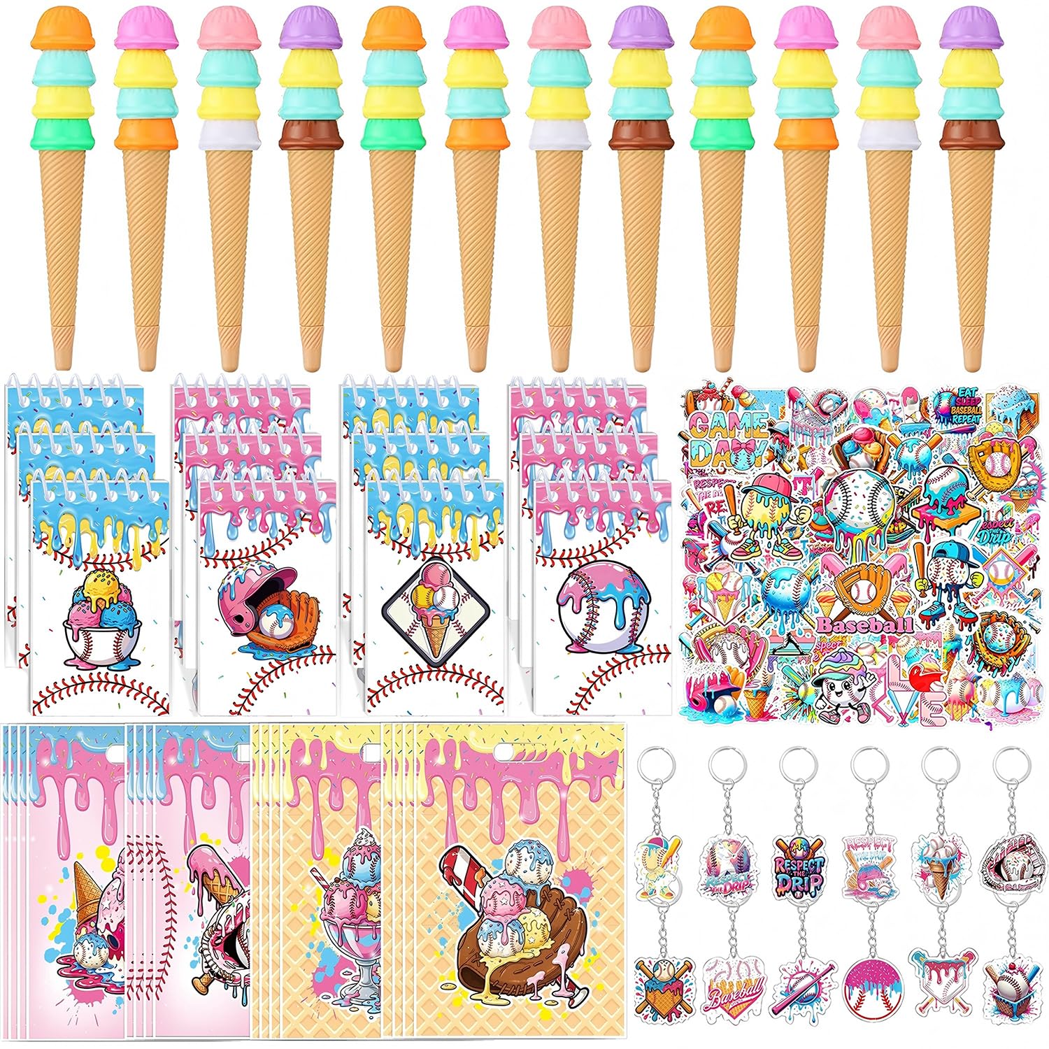 Augweyang Ice Cream Drip Baseball Stationery Party Gifts Set with Pens Notebooks Stickers for 12 Guests Birthday Sports Party Decorations Supplies Goodie Bag Pinata Fillers Stuffers Rewards