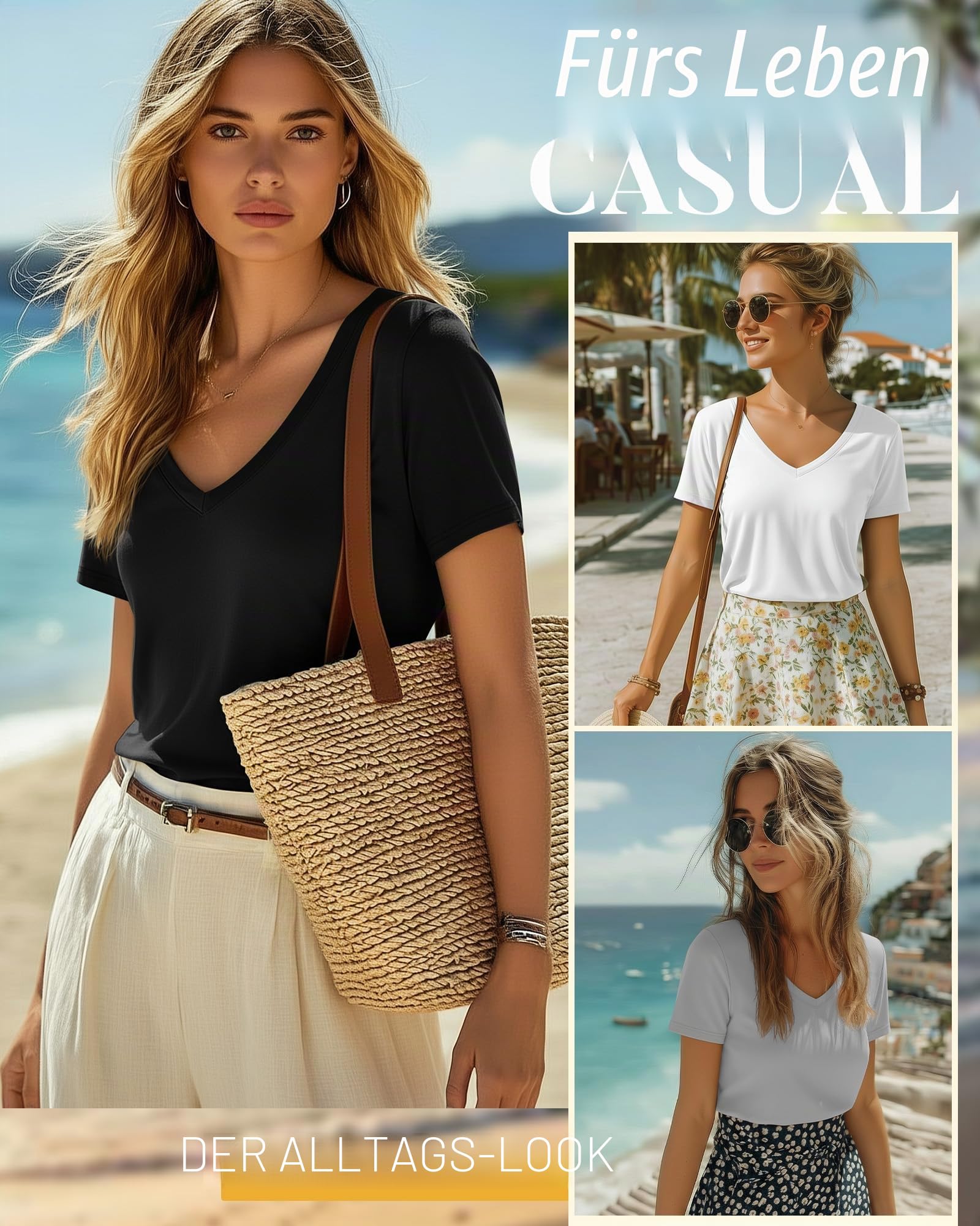 Neer 4er Pack Damen T-Shirts V-Ausschnitt Kurzarm Sommer Casual Tops Lockere Passform Gerader Saum Basic