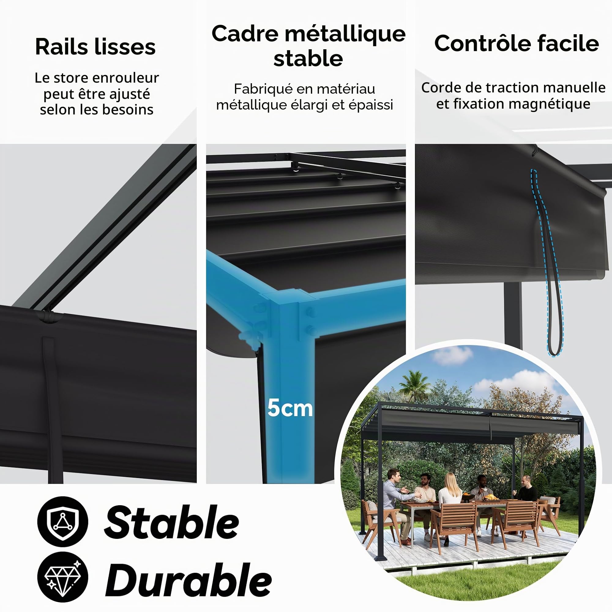 UISEBRT Pergola métallique 3x4 m étanche stable Résistante à l'hiver, pavillon avec toit à lamelles, abris de jardin autoportant avec toit coulissant, protection solaire pour jardins et terrasses