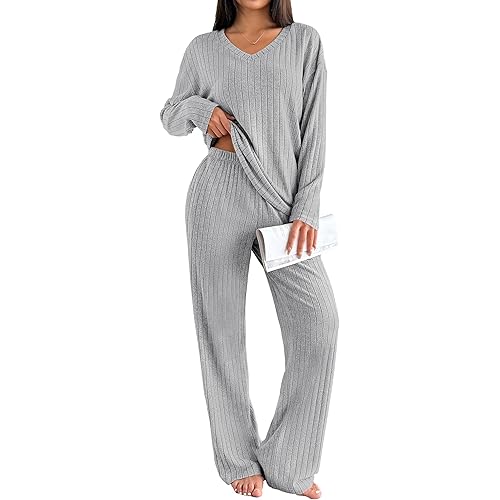 Ekouaer Lounge Sets for Women Long Sleeve Knit Ribbed Pajama Sets 2 Piece Casual Loungewear with Pockets