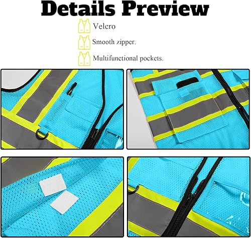 Miniatura 4 de Chaleco de seguridad reflectante de malla con logotipo personalizado Clase 2 con 5 bolsillos y cremallera