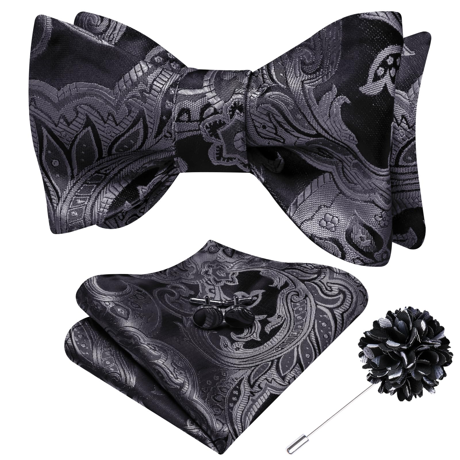 Dubulle Self Tie Bow Ties for Men Silk Paisley Bowtie Lapel Pin Set