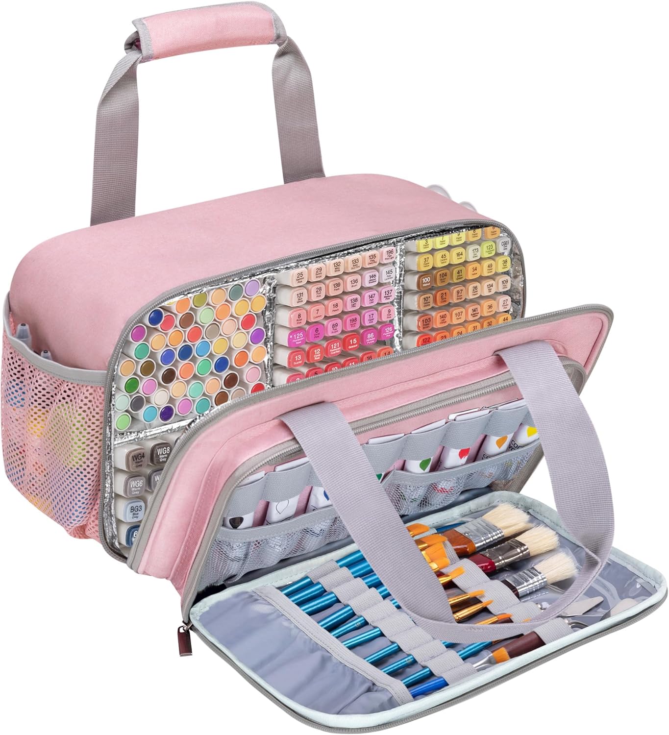 GRAOSO Case Organizer for up to 216 Markers, Large Bag With Carrying Handle, Holder (Length up to 5.1"), Aluminum Foil Liner Easy Cleaning, Patented Design (Pink)