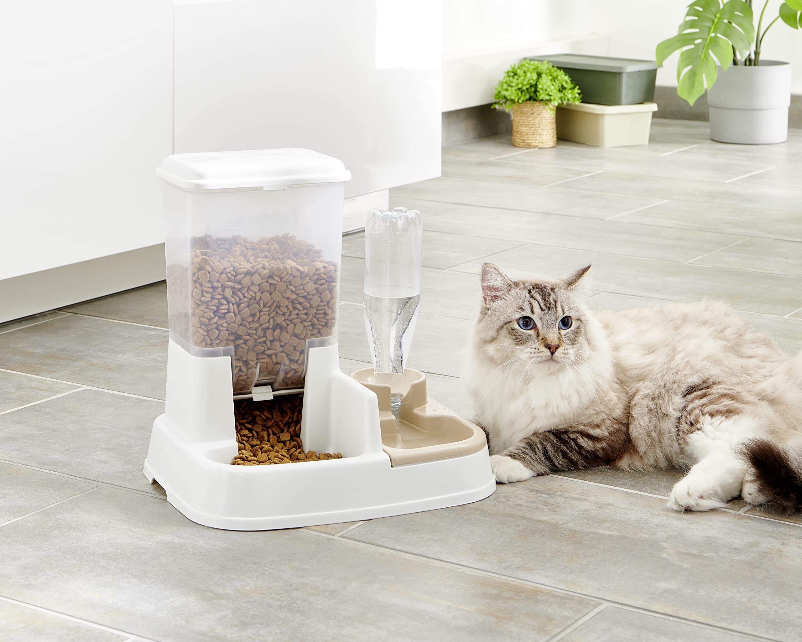 Iris Ohyama, Dosatore acqua (2 L) e cibo (1.5 kg) regolatore di approvvigionamento idrico, portello regolazione crocchette, coperchio asportabile per cane e gatto - Pet Food Feeder JQ-350, Bianca