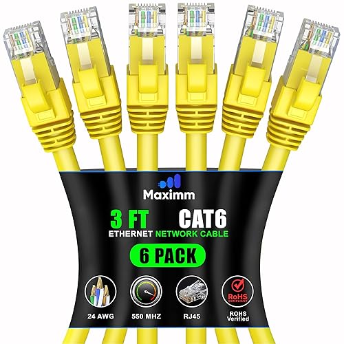 Miniatura 45 de Maximm Cable Ethernet Cat 6 de 10 pies (paquete de 6) - Cable LAN de alta velocidad, cable de Internet, cable de conexión y cable de red - UTP,