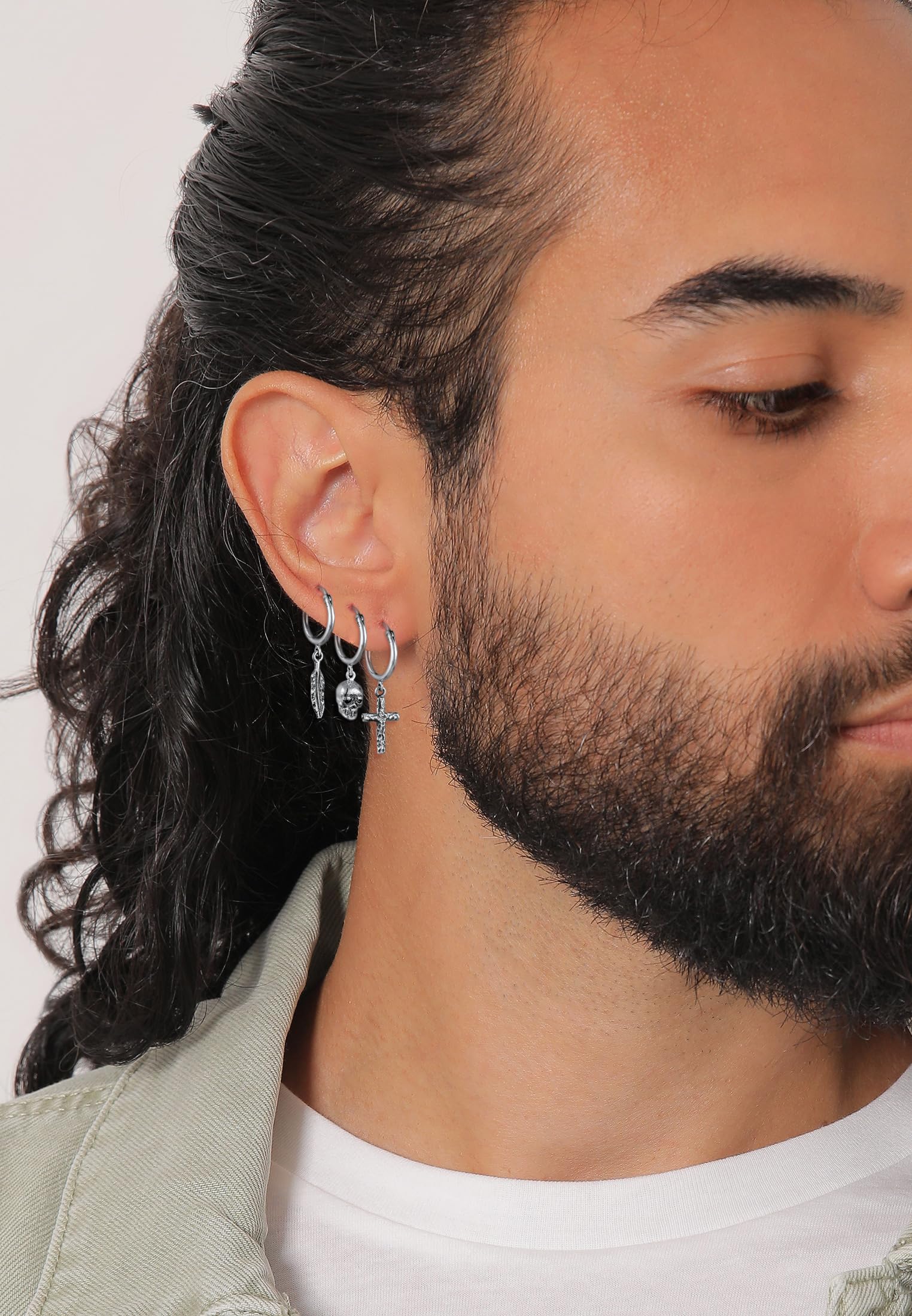 Kuzzoi Herren-Ohrringe Creolen Set (13 mm) oxidiert aus 925 Sterling Silber für Männer mit Kreuz, Totenkopf und Feder Anhänger