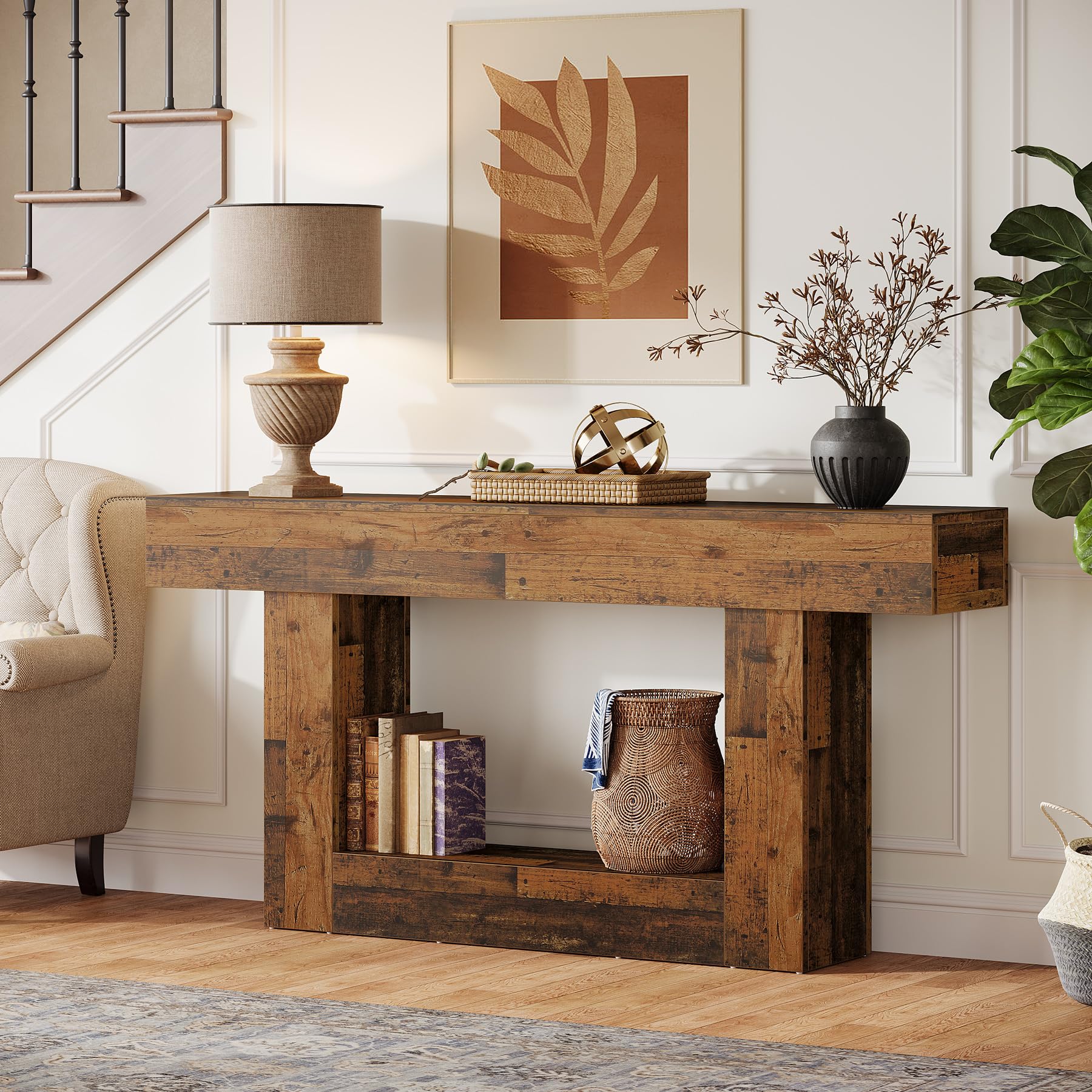 Tribesigns Konsolentisch, 160 cm lang, 2-stöckiger Eingangstisch, Sofatisch mit Stauraum, Bauernhaus-Holz hinter Couchtisch für Wohnzimmer, Flur (Rustikales Braun-Mischung)