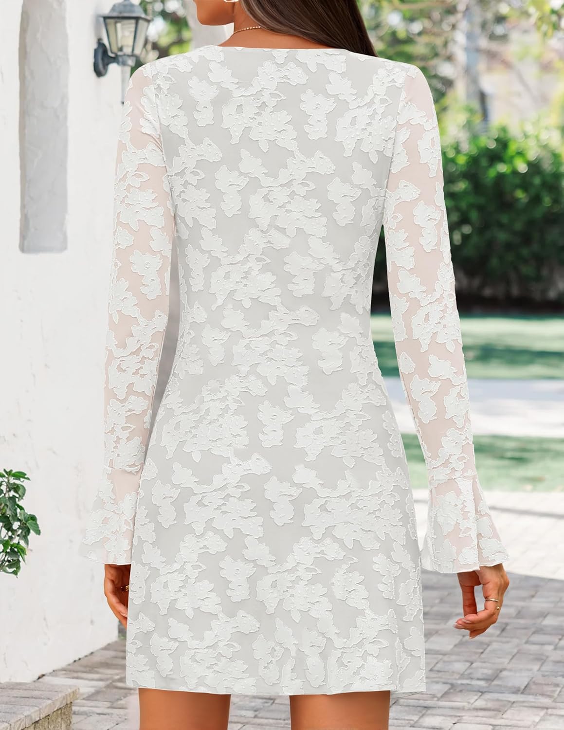 ZESICA Long Sleeve Mini Dresses for Women Spring Mesh Floral Crewneck Bodycon Wedding Guests Cocktail Party Short Dress - Image 2