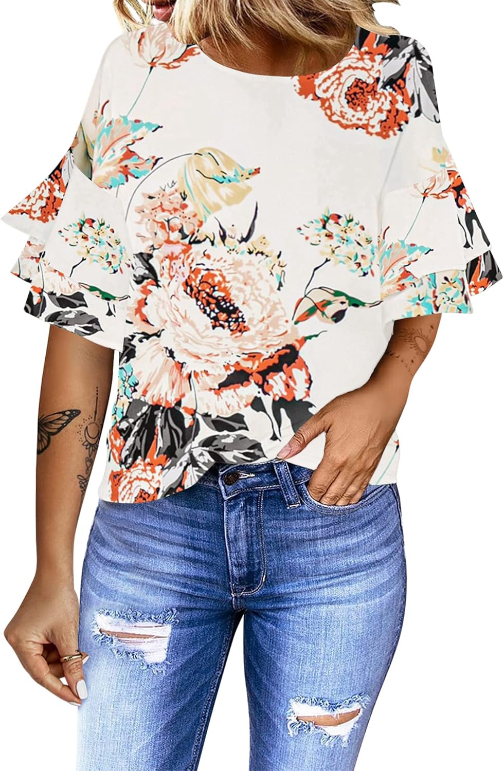 luvamia Women’s Casual 3/4 Tiered Bell Sleeve Crewneck Loose Tops Blouses Shirt