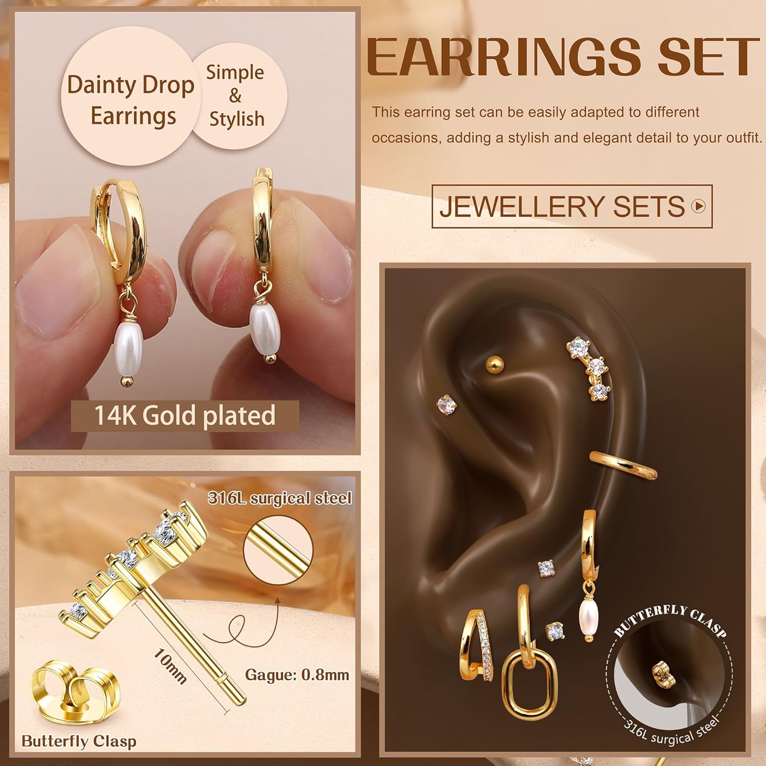 Small Gold Hoop Earrings Set for Women - 14K Gold Plated Hypoallergenic Huggie Hoop Studs Earring Stacks for Sensitive Ears - Cartilage Earring Sets for Multiple Piercing 8 Pairs - Image 4