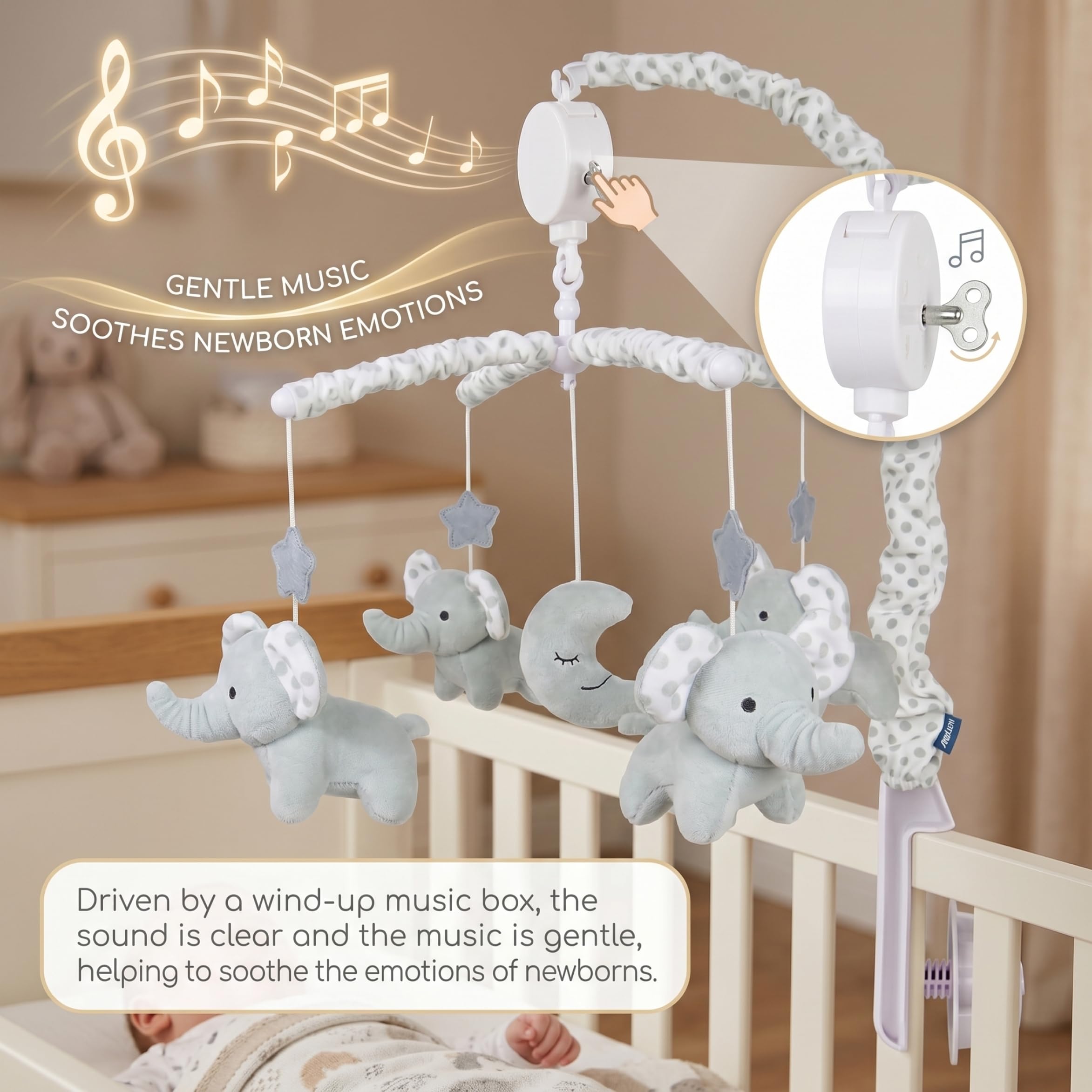 Giostrina per lettino, giostrina musicale con elefante rotante, grigio | Carillon a carica con elefanti di peluche per lo sviluppo sensoriale, la decorazione della cameretta e l'intrattenimento per