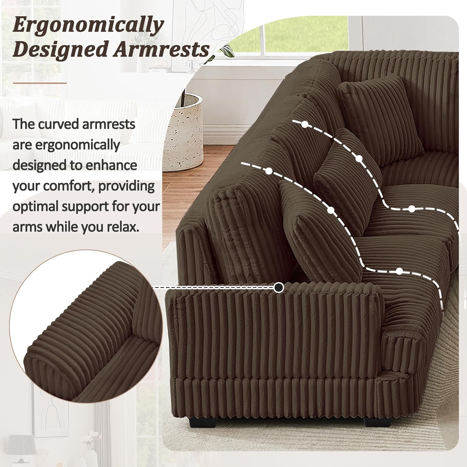 Oversized U-Shaped Sectional Sofa Couch Fluffy Corduroy Upholstered Deep Seat Modular Sofa&Couch Group with Wider Lounge Chaise and 7 Toss Pillows for Home Office Apartment Living Room Furniture Sets